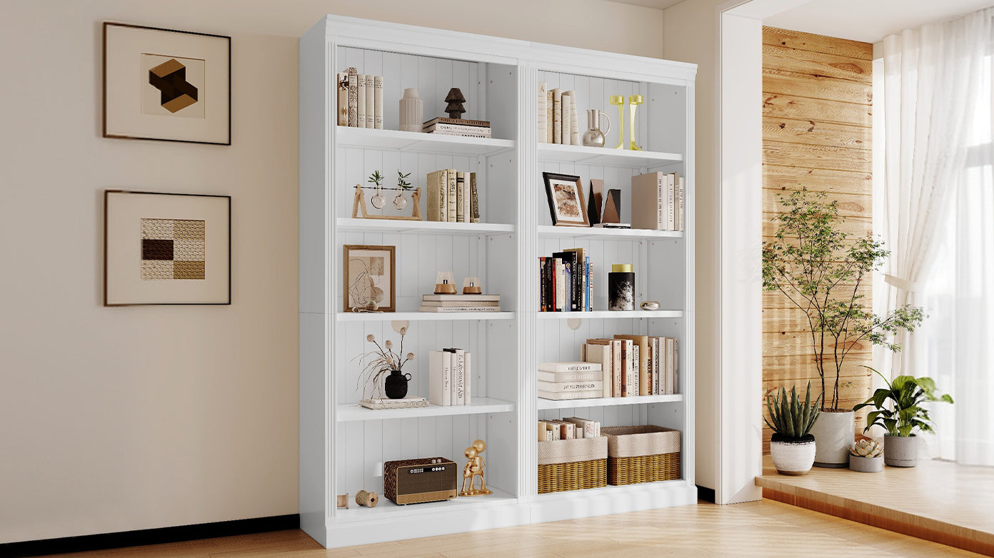 83" Tall Wood Bookcase Suite ,5 Tier Home Decor Bookshelves Suite With Adjustable Shelves,Storage Organizer For Cds Books Movies,Free Standing Storage Shelves Suite For Living Room,Office,White White Solid Wood Mdf