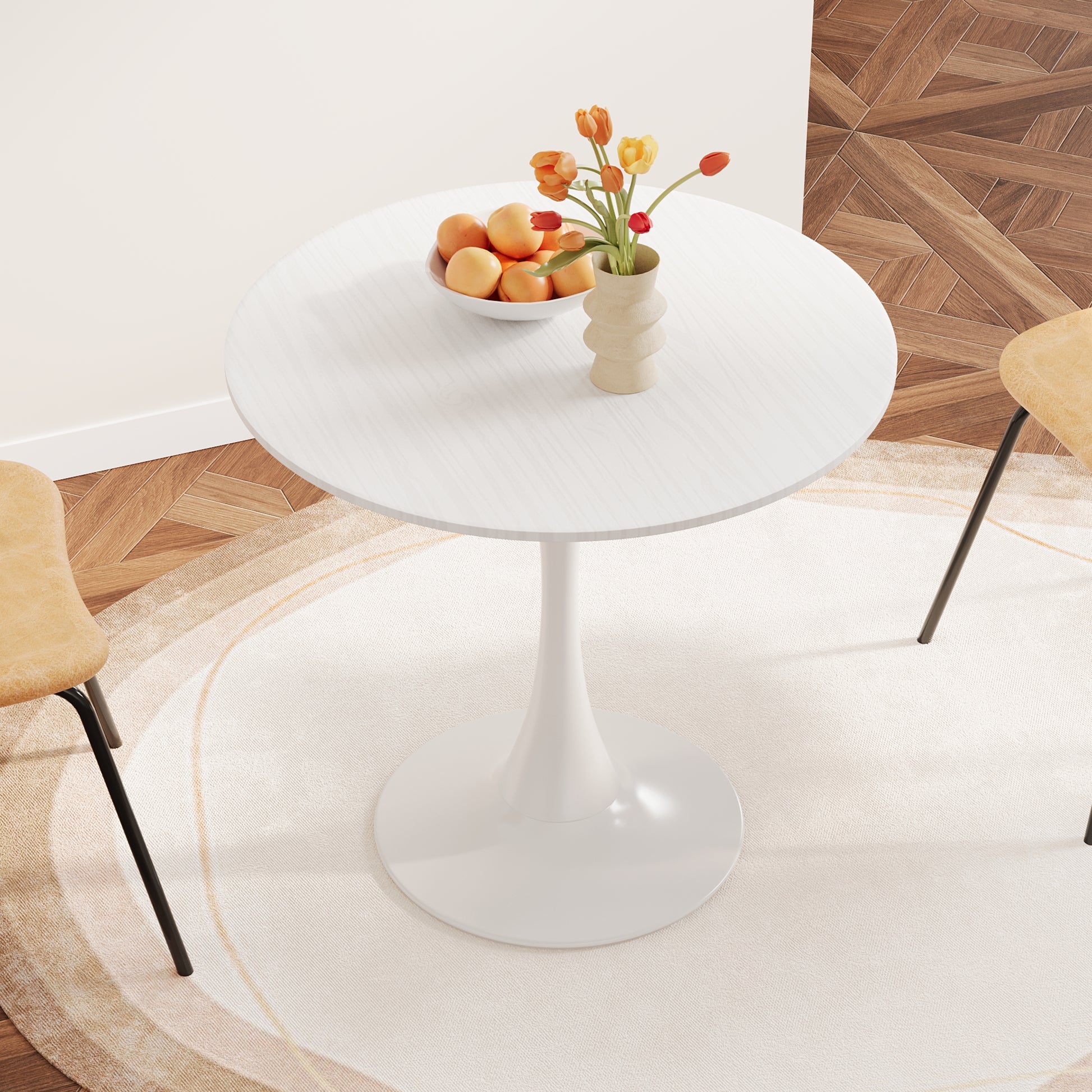 31.4 "Round Dining Table, Medieval White Tulip Dining Table, 2 3 Person Metal Base Dining Table, Easy To Assemble Casual Coffee Table, Office Desk White Mdf
