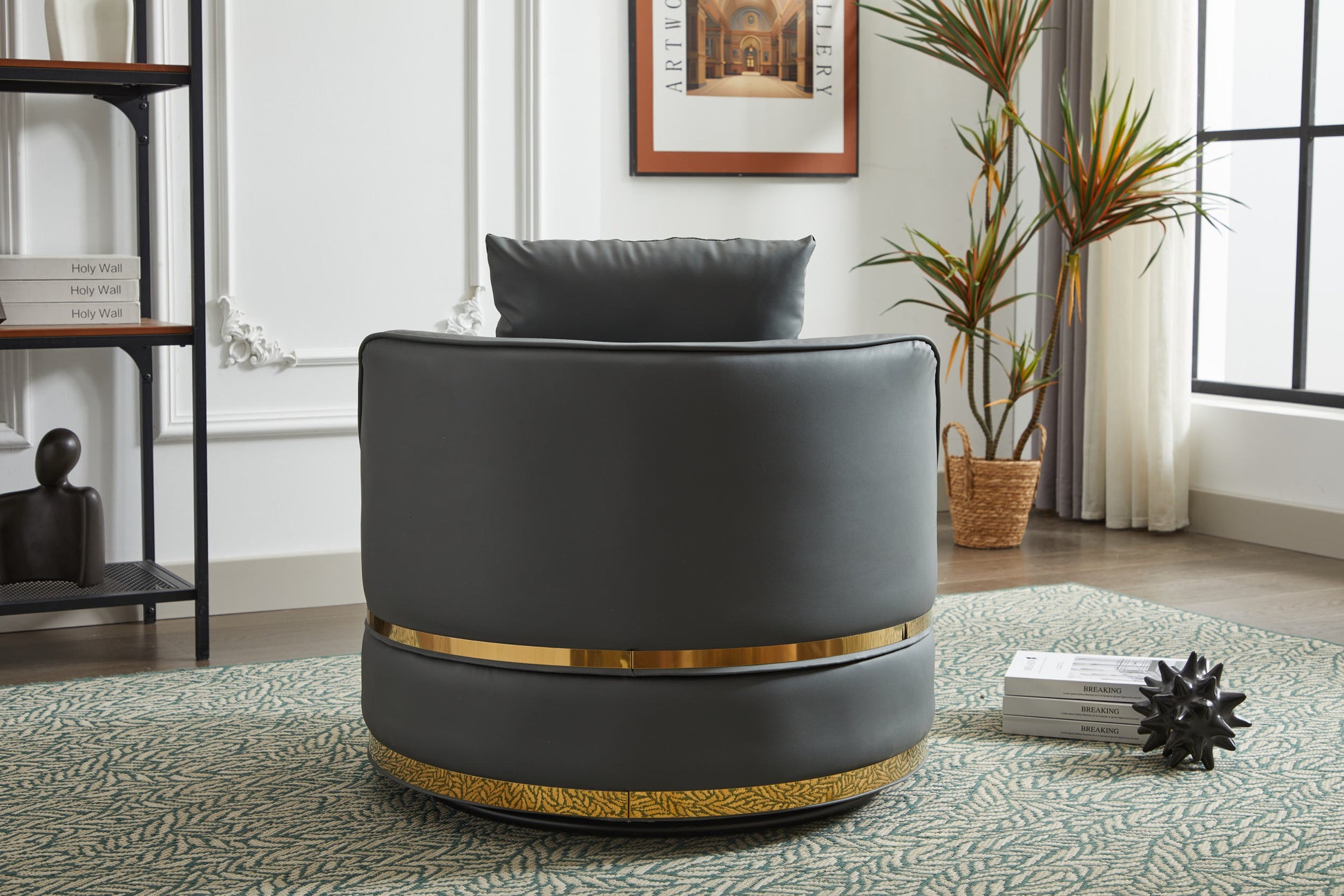 Swivel Chair, 360 Swivel Accent Chair, Barrel Chair For Living Room Bedroom Dark Grey Faux Leather