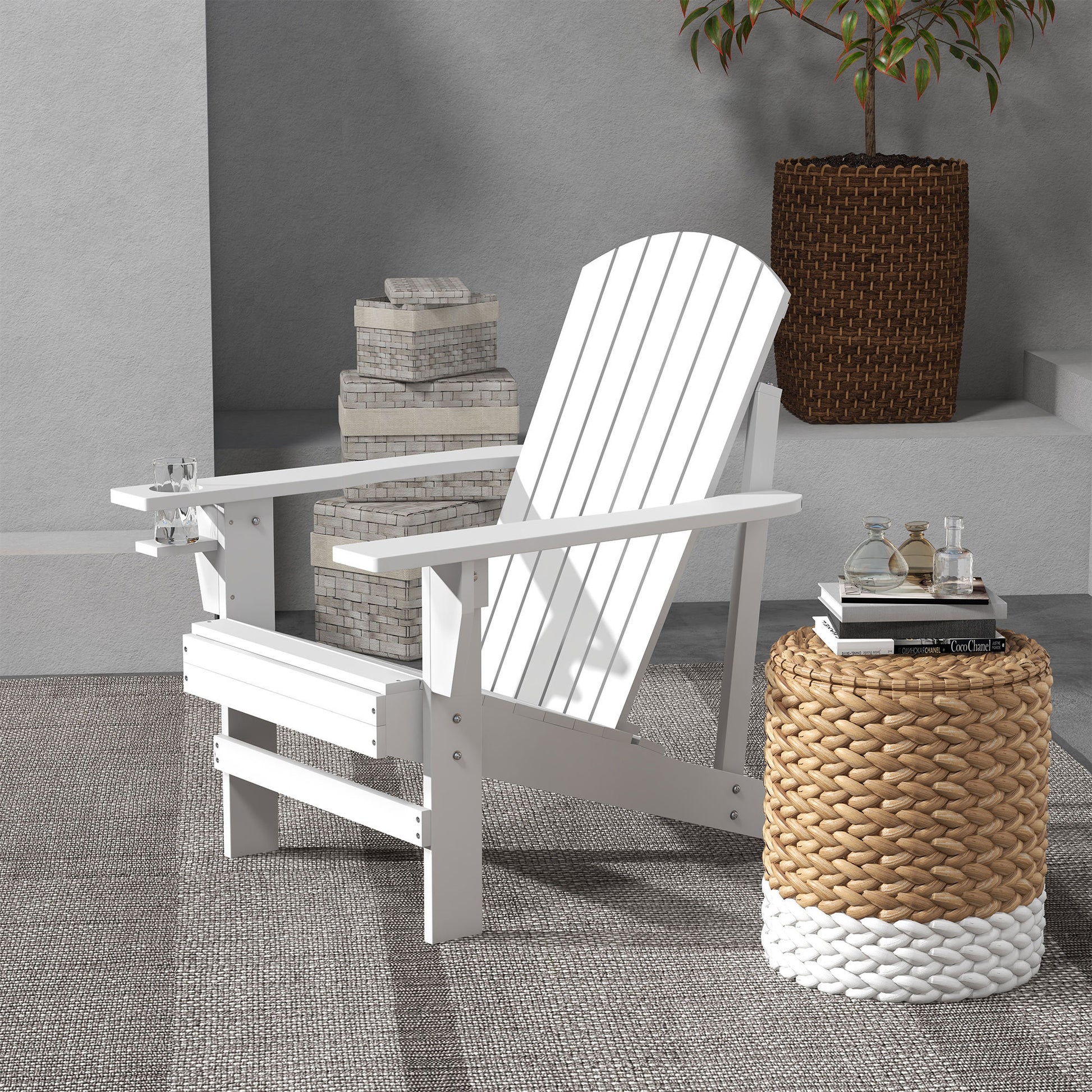 Outsunny Wooden Adirondack Chair, Outdoor Patio Lawn Chair With Cup Holder, Weather Resistant Lawn Furniture, Classic Lounge For Deck, Garden, Backyard, Fire Pit, White White Wood