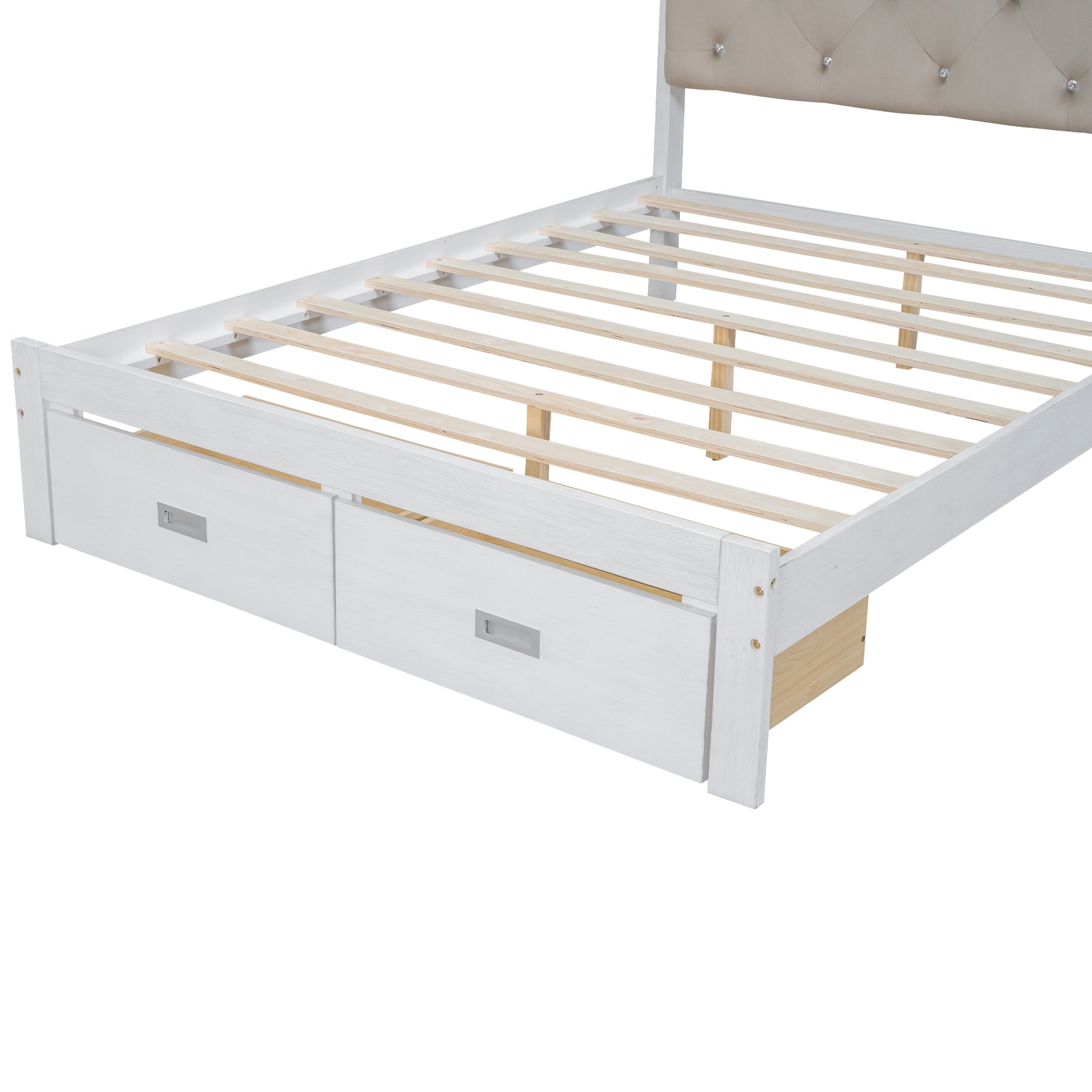 Wood Full Size Platform Bed With Upholstered Headboard And Led And 2 Drawers, Antique White Box Spring Not Required Full Antique White Wood Bed Frame Solid Wood Mdf