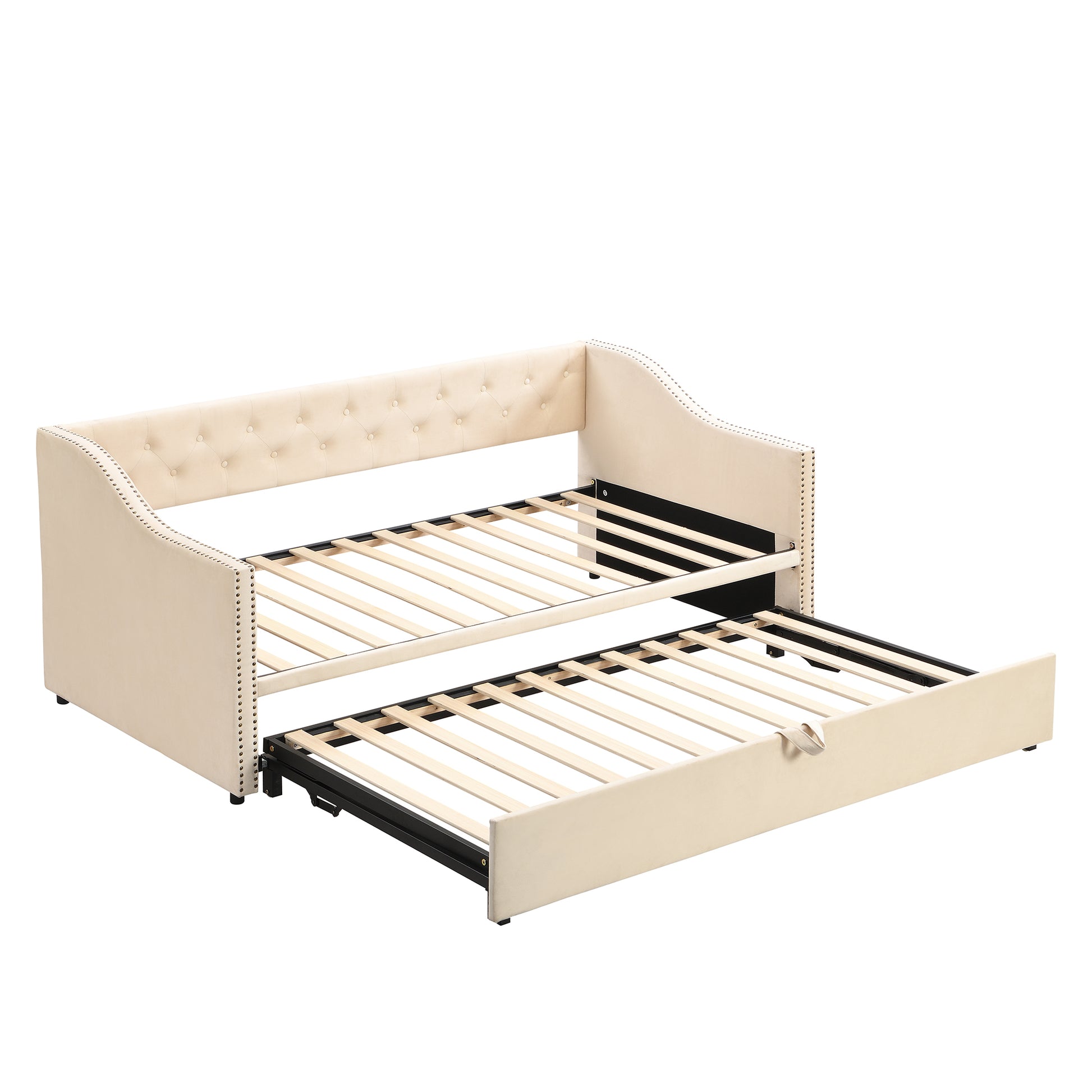 Twin Size Upholstered Daybed With Pop Up Trundle, Beige Twin Beige Upholstered