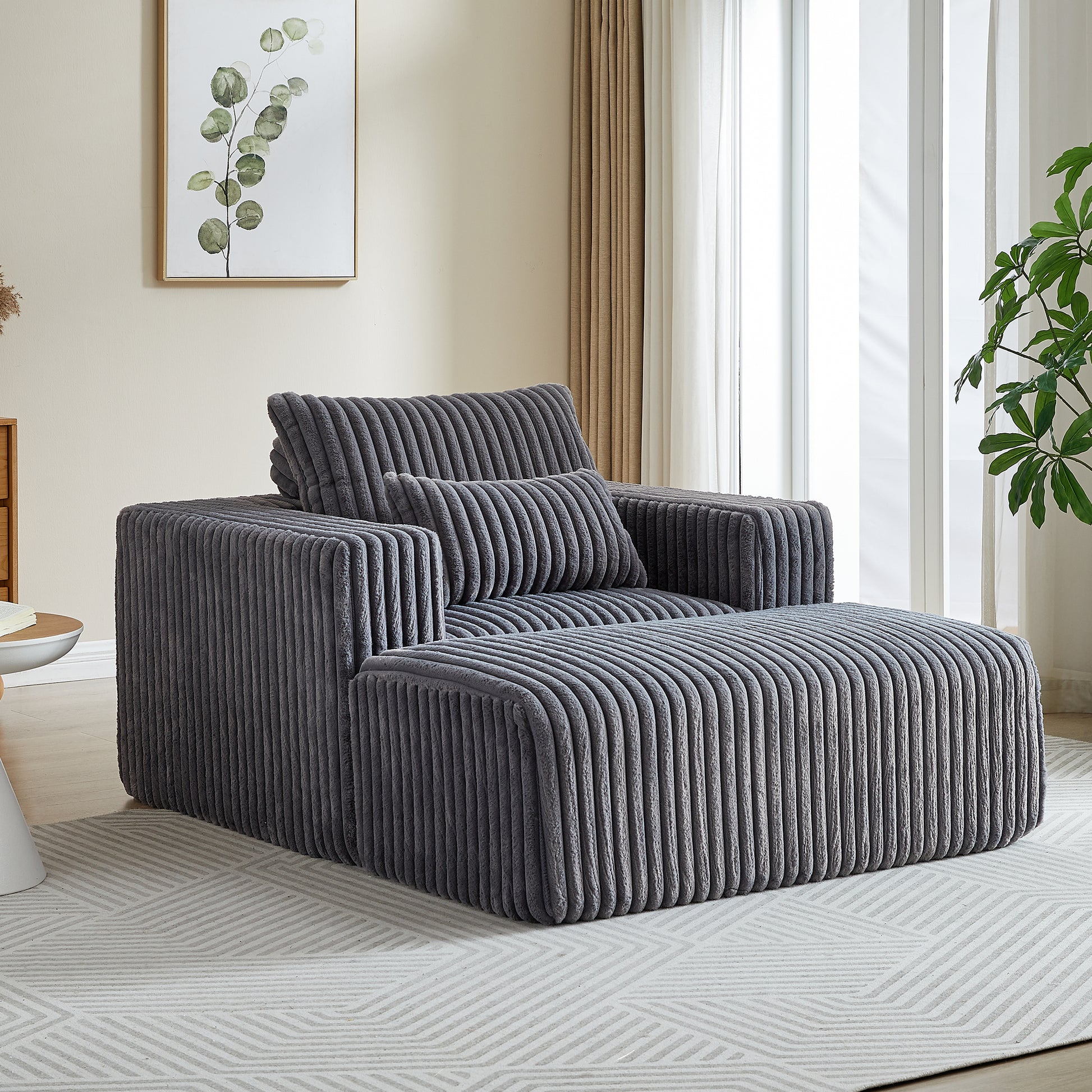 62.5 Inch Corduroy Sponge Sofa Lounge Chair With Removable Footrest,No Assembly Required,Fluffy Modern Sleeper Chair For Indoor Living Room Bedroom Grey Foam Corduroy 1 Seat