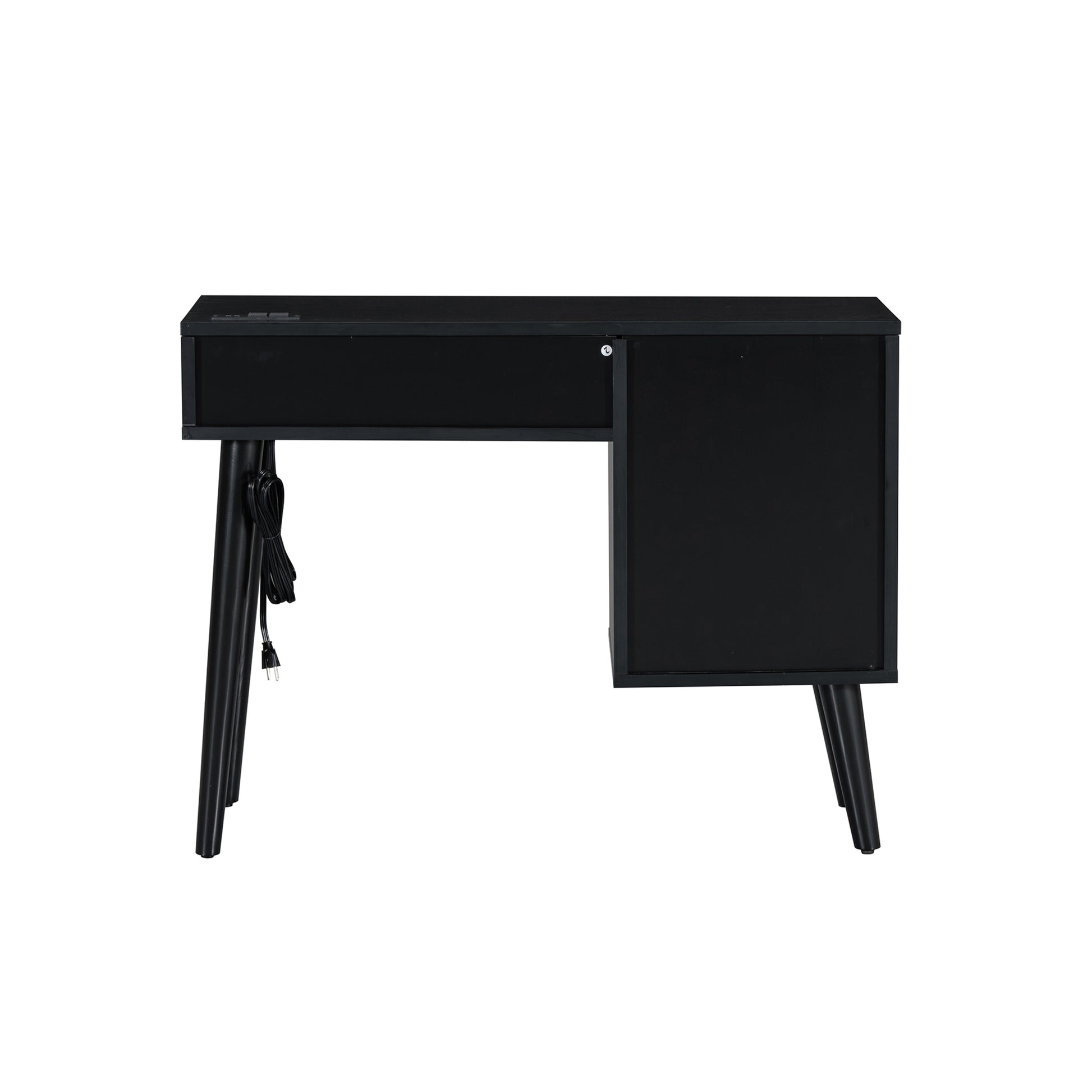 3 Pieces Bedroom Set With Queen Size Wooden Bed Frame, 1 Vintage Nightstand And 1 Makeup Vanity Set With Stool,Black Expected Arrival Time: 08.23 Queen Black 3 Piece Set Wood