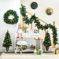 Homcom Prelit Holiday Christmas 4 Piece Set, Garland Wreath And Set Of 2 Entrance Trees With Warm White Led Lights, Red Berries, Pine Cones, Green Green Plastic