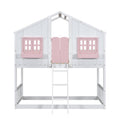 Twin Over Twin House Bunk Bed With Roofwindow, Window Box, Doorwith Safety Guardrails And Ladder, Pink White Twin Pink White Pine