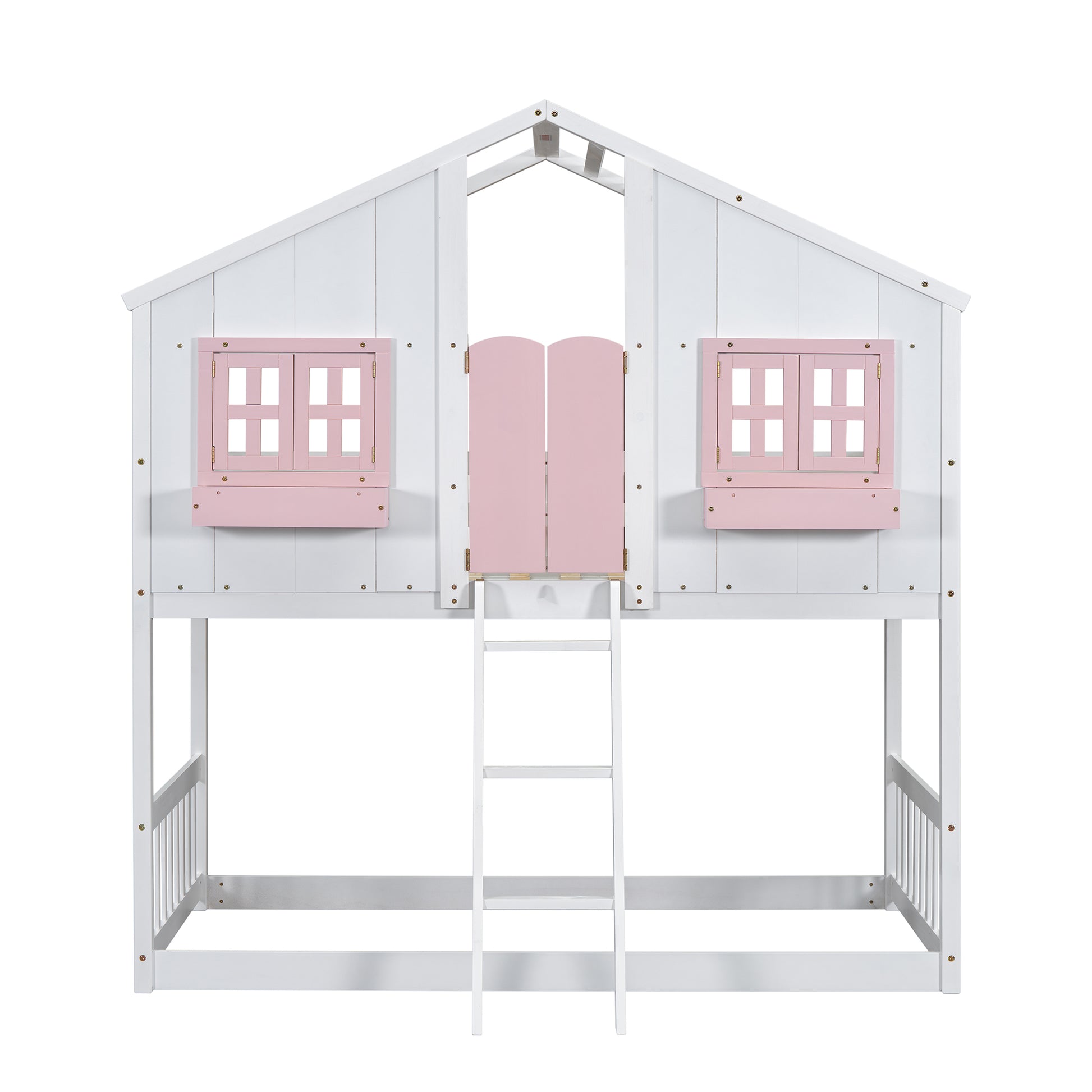 Twin Over Twin House Bunk Bed With Roofwindow, Window Box, Doorwith Safety Guardrails And Ladder, Pink White Twin Pink White Pine