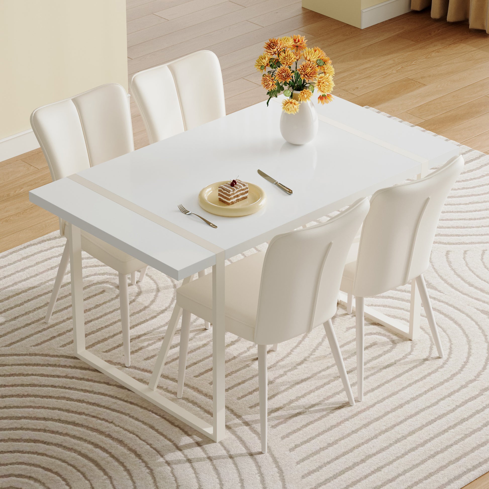 55"X31.5"Cream Style White Mdf Dining Table Set With 4 Armless Chairs.Mdf Tabletop And Metal Legs.The Backrest Of The Dining Chair Has A Vertical Line Design.Adding A Warm Atmosphere To Your Family.