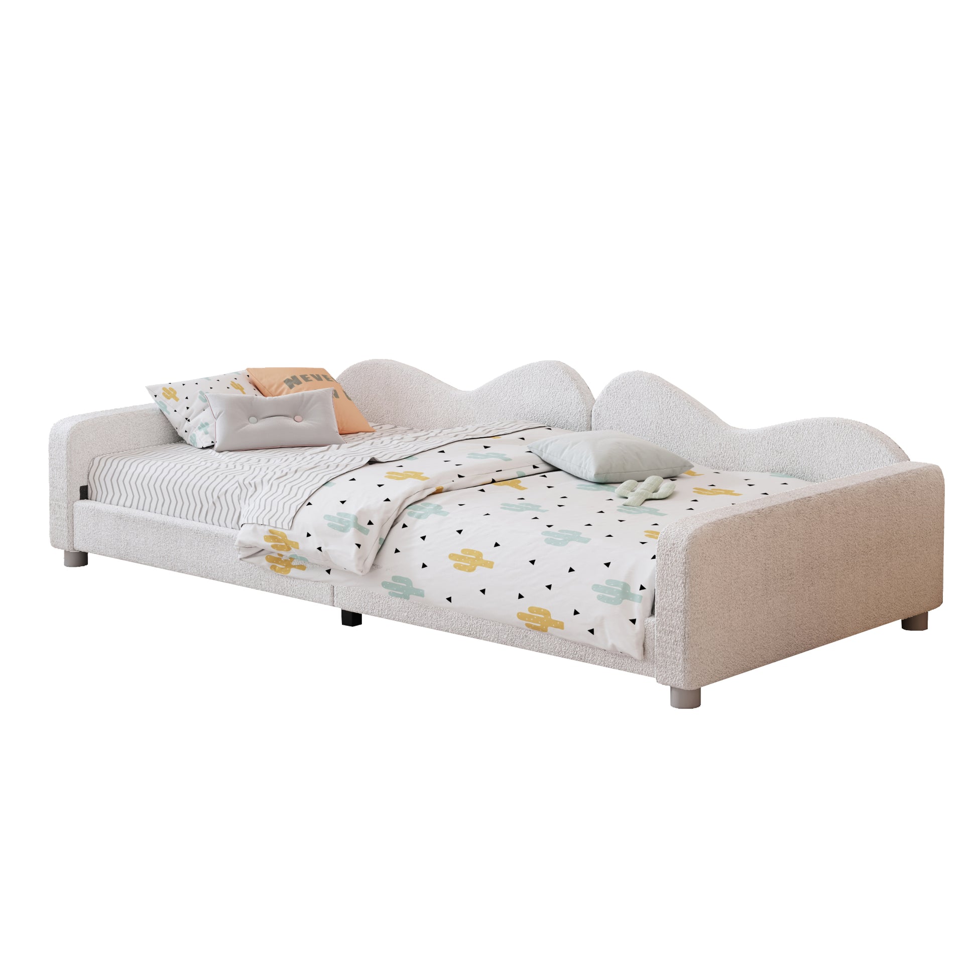 Twin Size Upholstered Daybed, Sherpa Fabric Sofabed With Cloud Shaped Backrest, No Box Spring Needed, White Twin White Wood Fabric