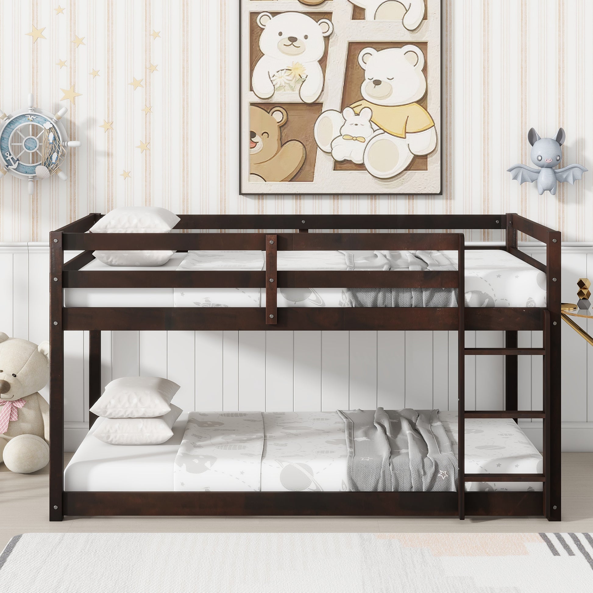 Solid Wooden, Solid Rubber Wooden Twin Over Twin Loft Bed With Ladder, With Bed Platform Of Strengthened Slatsespresso Twin Espresso Rubber Wood