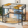 Full Xl Metal Loft Bed With Desk And Shelves, Loft Bed With Ladder And Guardrails, Loft Bed Frame For Bedroom, Black Full Xl Black Metal