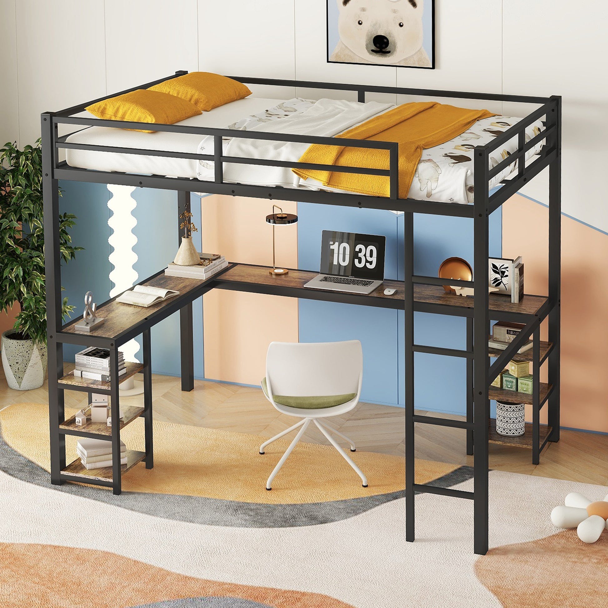 Full Xl Metal Loft Bed With Desk And Shelves, Loft Bed With Ladder And Guardrails, Loft Bed Frame For Bedroom, Black Full Xl Black Metal