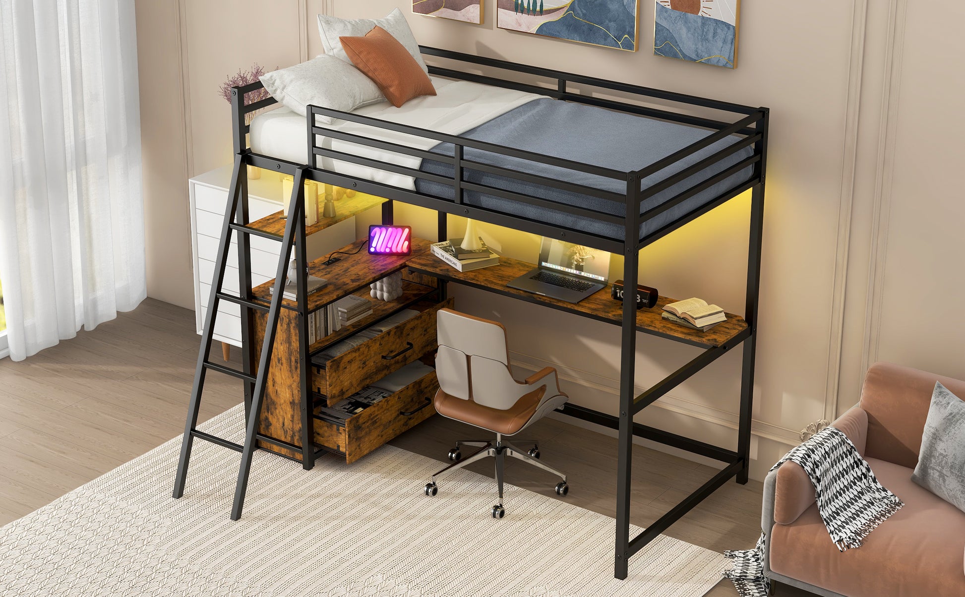 Twin Size Metal&Wood Loft Bed With Desk And Shelves, Two Built In Drawers, Led Light And Usb Charging Station, Black Twin Black Metal & Wood