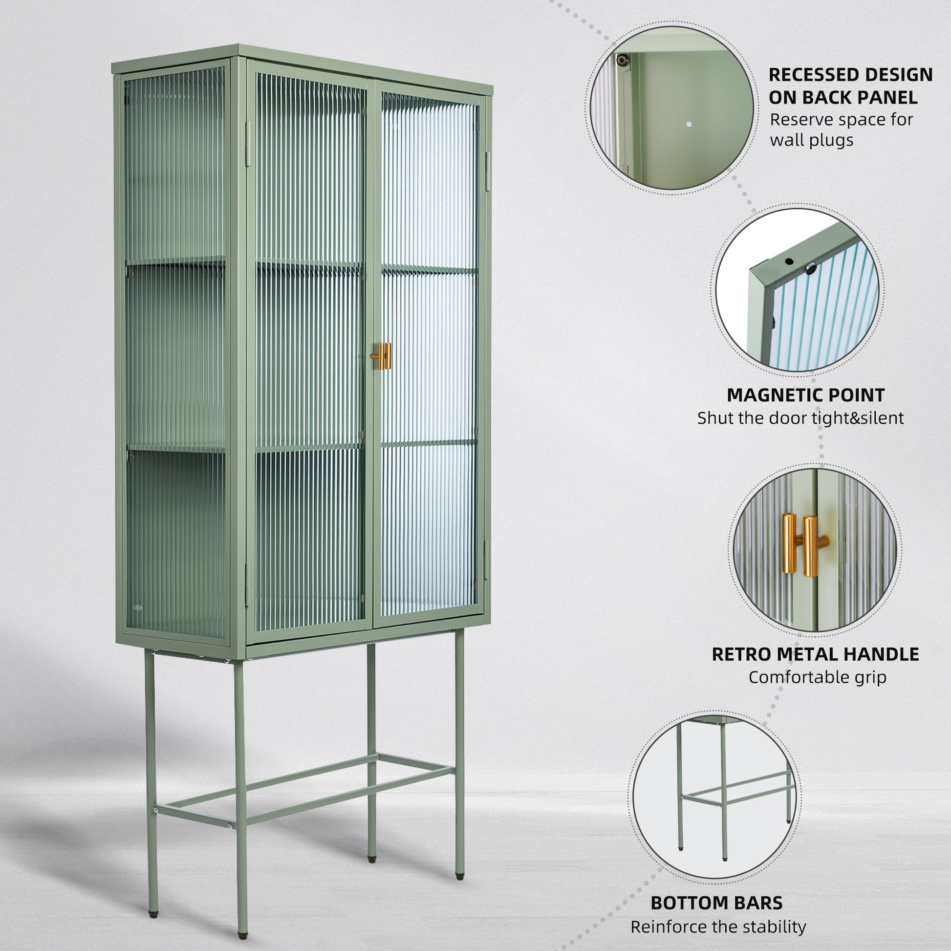 Mint Green Tall Freestanding Display Cupboard Stylish Fluted Glass Storage Cabinet With Glass Doors Three Detachable Shelves Bottom Space For Office Dining Room Living Room Bedside Old Sku:W68743736 Mint Green Steel