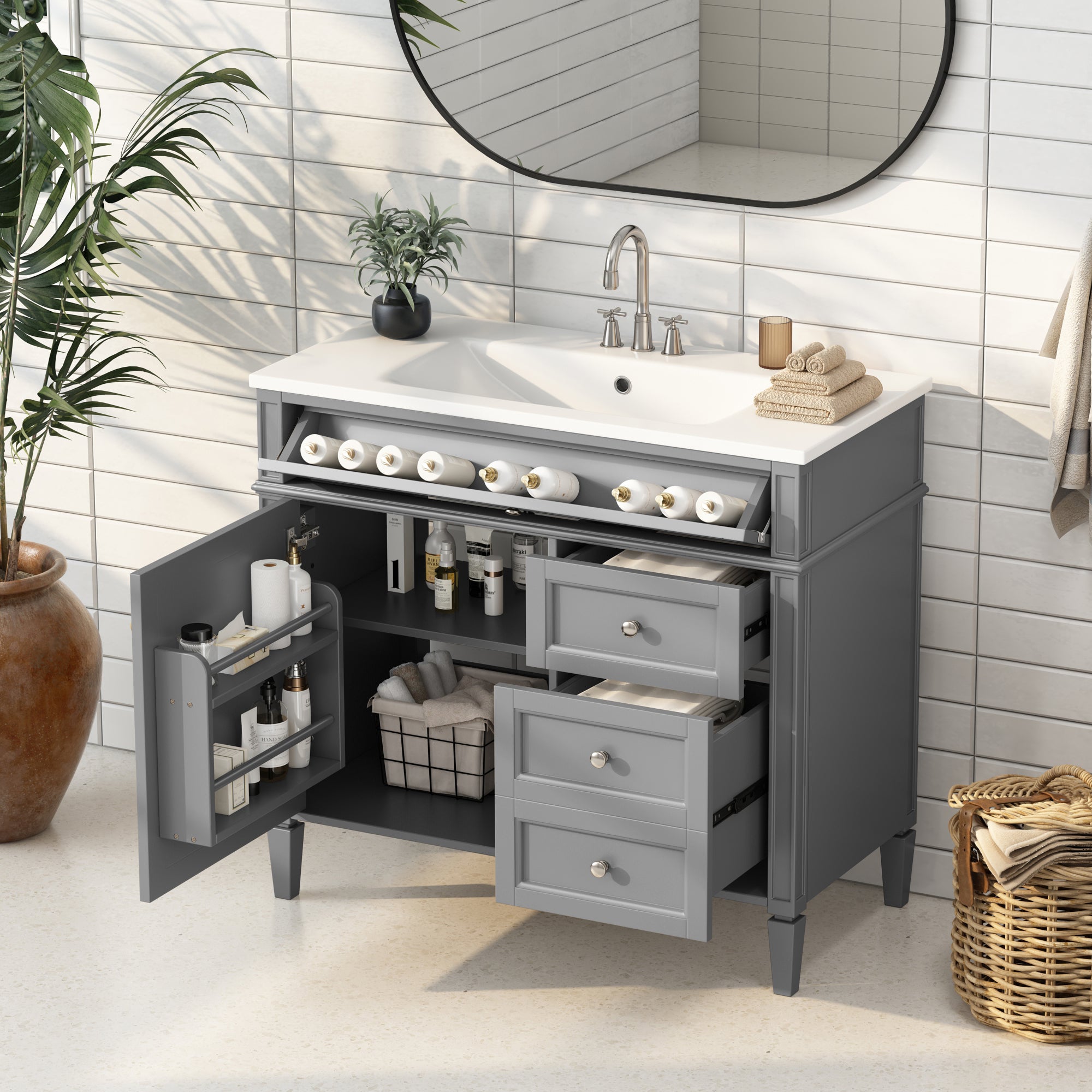 36'' Bathroom Vanity With Top Sink, Modern Bathroom Storage Cabinet With 2 Drawers And A Tip Out Drawer, Single Sink Bathroom Vanity Grey Bathroom Solid Wood Mdf Resin