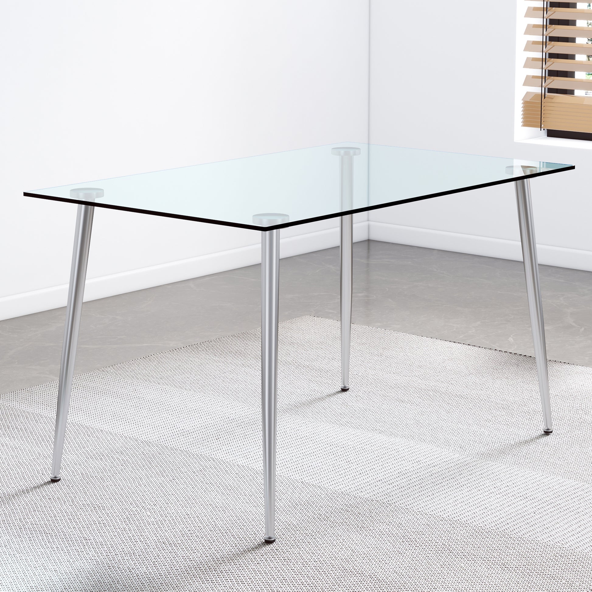 Table And Chair Set.Rectangular Dining Table With Tempered Glass Tabletop And Silver Plating Metal Legs.Paired With 4 Checkered Armless High Backlight Gray Chairs With Electroplated Metal Legs. Transparent Seats 4 Glass Metal