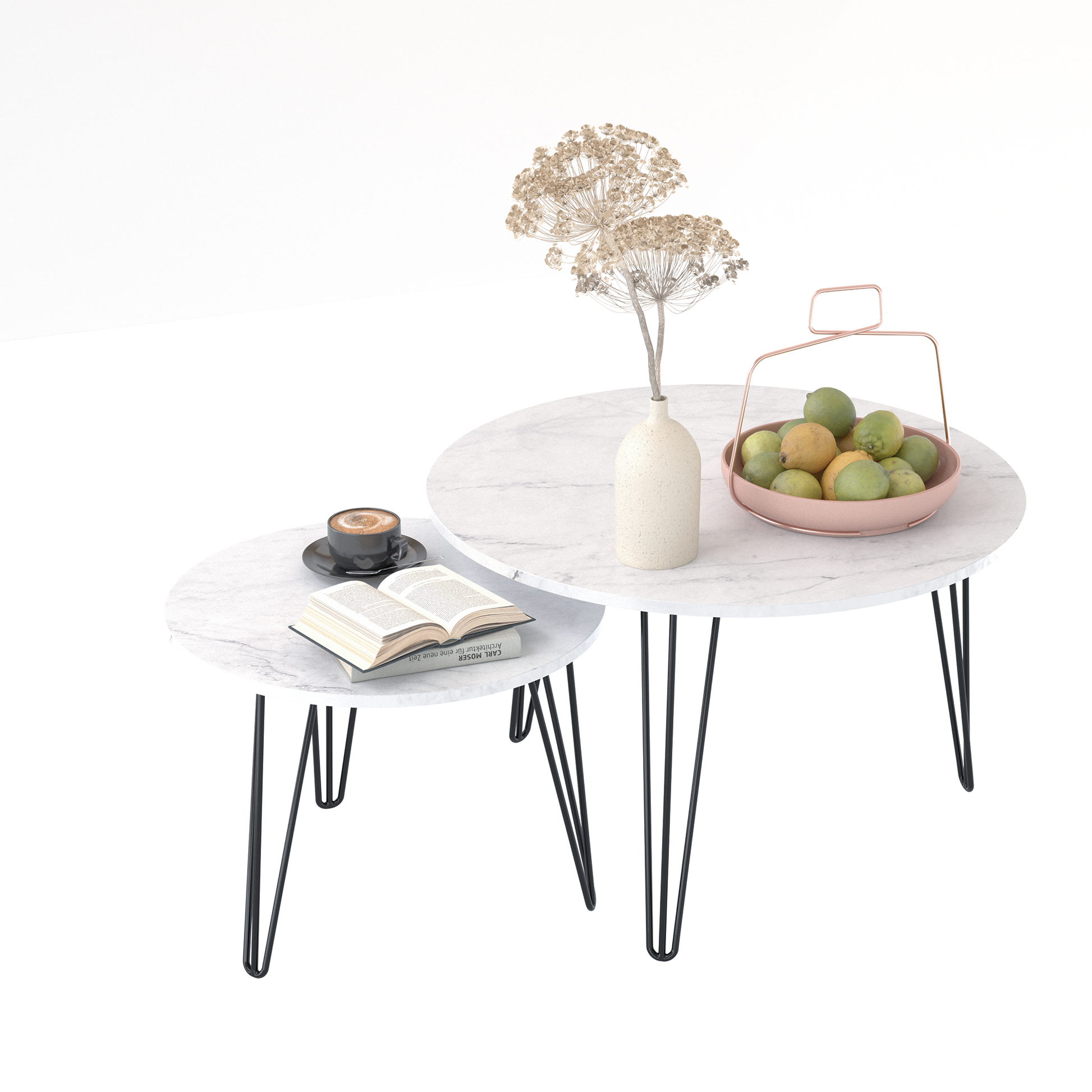 27.56'' Round Nesting Coffee Table Set Of 2, Circular Nesting End Table Set, Round Marble Tabletop, And Sturdy Metal Base For Living Room, Bedroom, White White Round Wood Metal