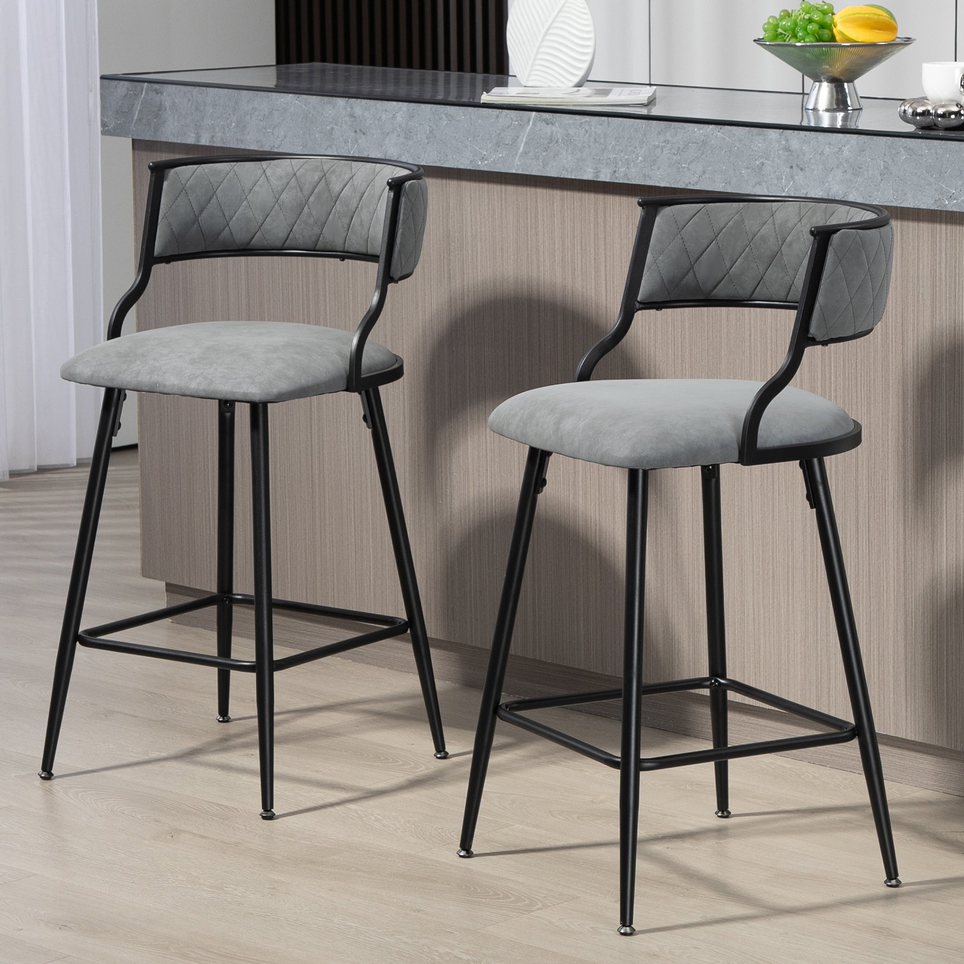 26'' Counter Height Bar Stools Pu Cover Kitchen Island Counter Bar Stool With Black Powder Coating Base And Footrest Grey Grey Kitchen Modern Foam Pu