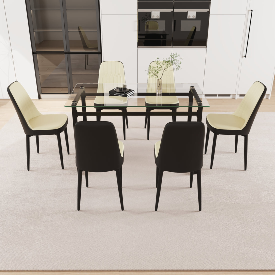 51" 6 Person Glass Dining Table Set, Kitchen Set With Black Metal Leg Dining Table And Chairs, Modern Rectangular Tempered Glass Tabletop And Dining Room Thick Cushioned Pu Dining Chairs Beige Black