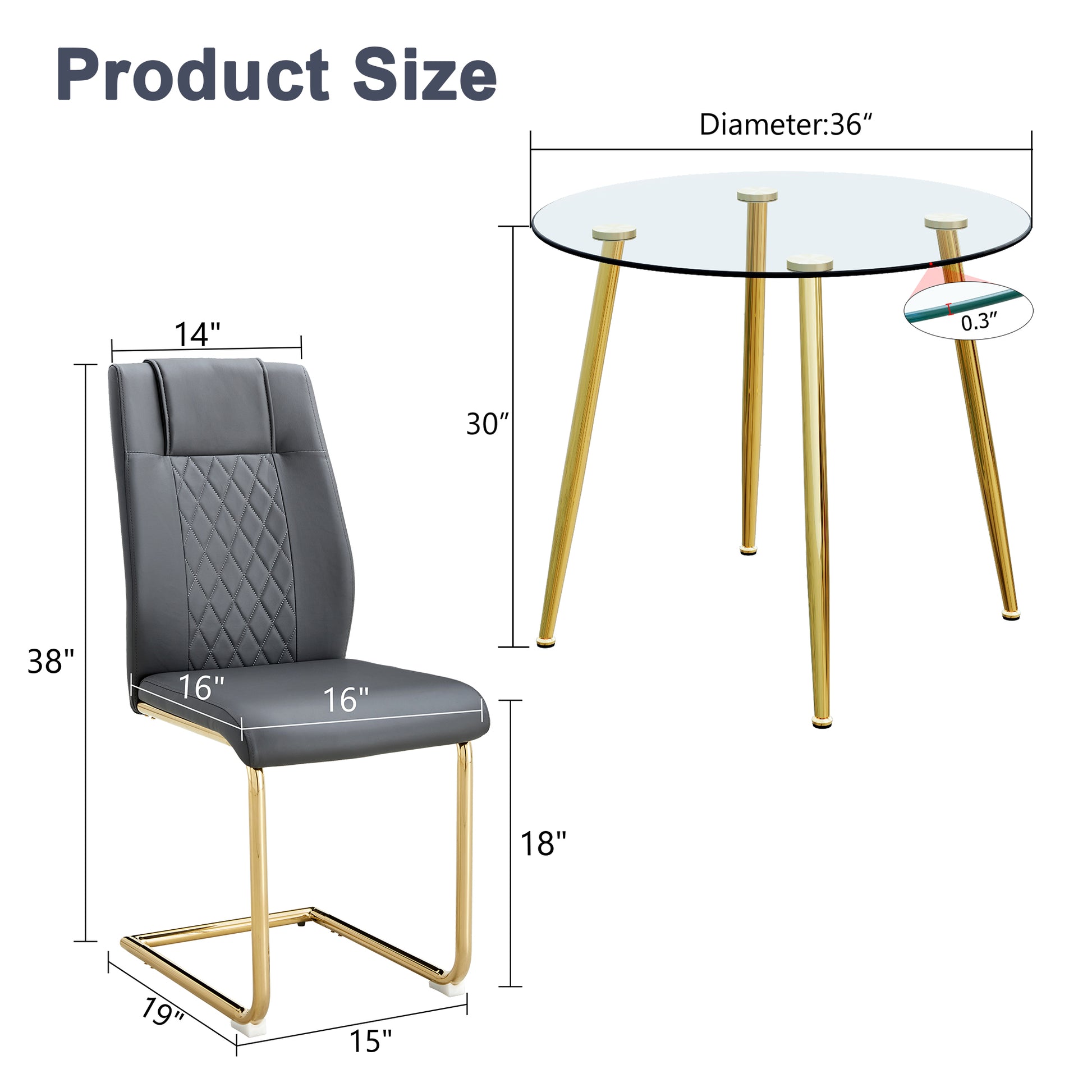 A Modern Minimalist Style Round Transparent Tempered Glass Table With Gold Metal Legs, Paired With 4 Modern Pu Leather High Back Dining Chairs,Bringing You A Luxurious Experience. Gray Seats 4 Glass Metal