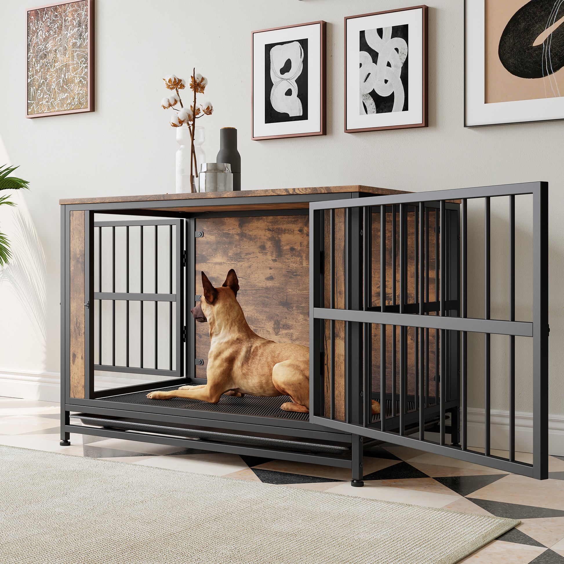 Dog Crate Furniture, Wooden Dog Crate Table, 38.9" Dog Kennel With 2 Sliding Doors And Thick Iron Door Frame, Decorative Pet Crate House For Large Medium Small Dog Indoor Use Rustic Brown Black Brown Large 41 70 Lbs Mdf Metal