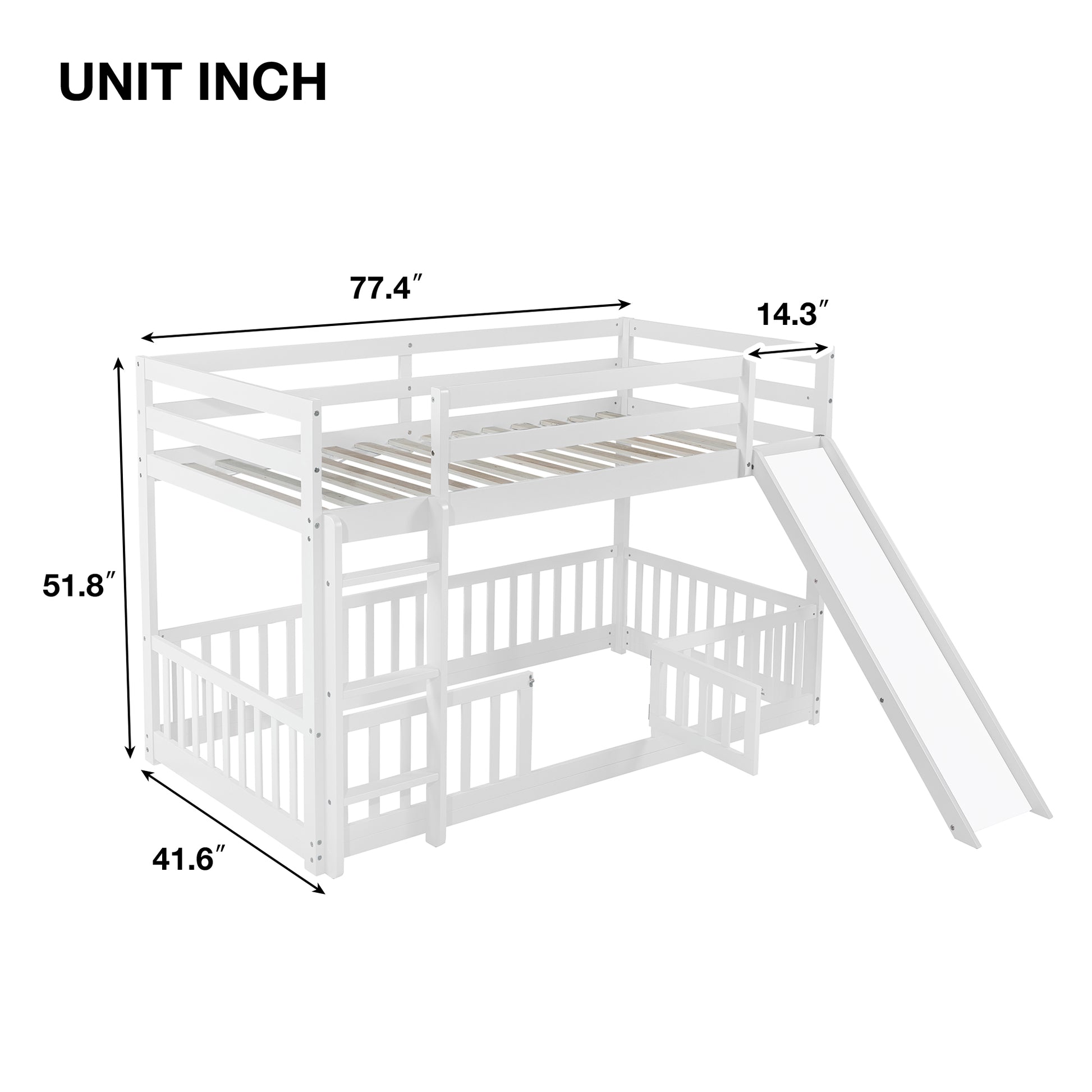 Twin Over Twin Floor Bunk Bed With Slide, Ladder, Door, Safety Guardrails, Solid Pine Wood Bunk Bed ,White Twin White Pine