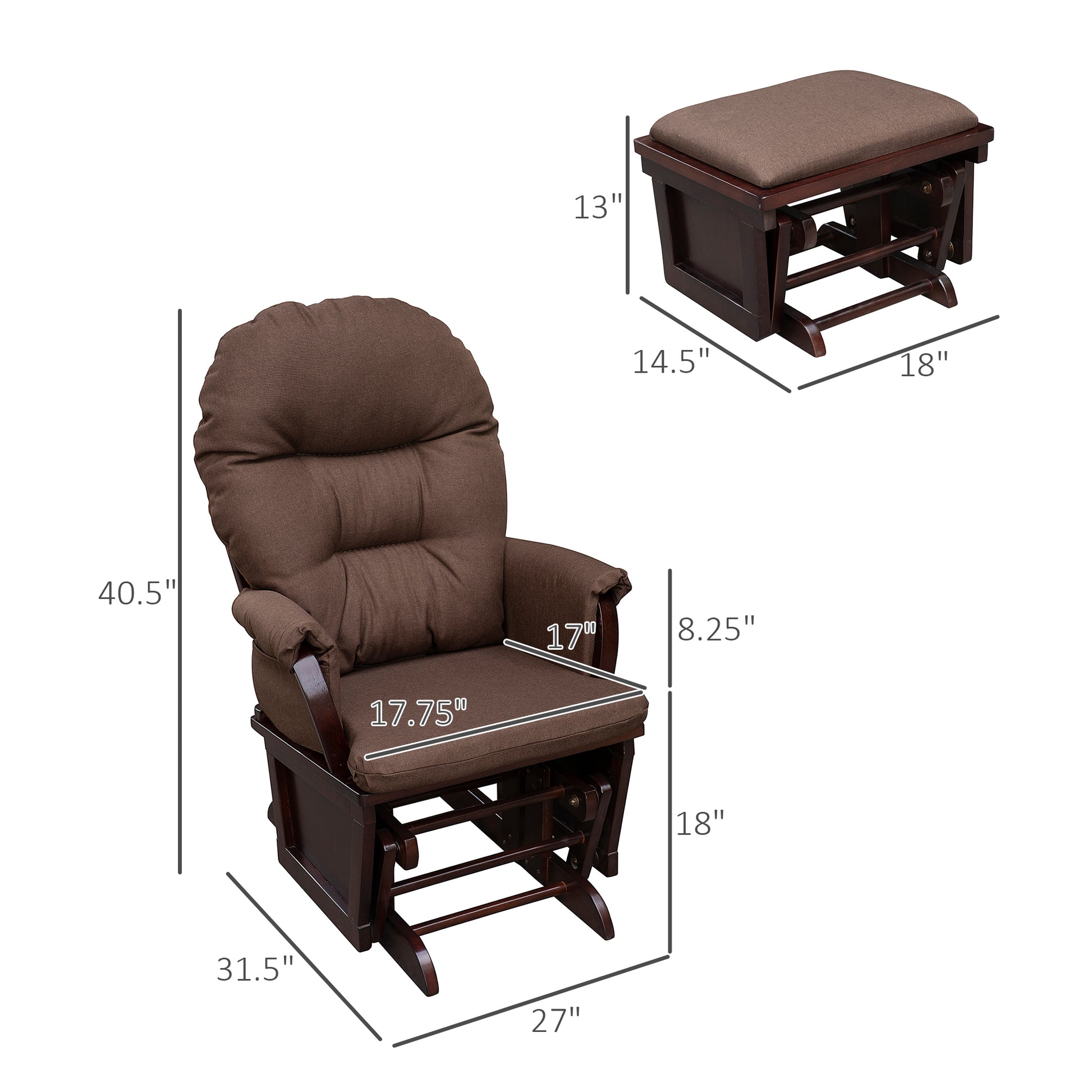 Homcom Nursery Glider Rocking Chair With Ottoman, Thick Padded Cushion Seating And Wood Base, Brown Brown Polyester