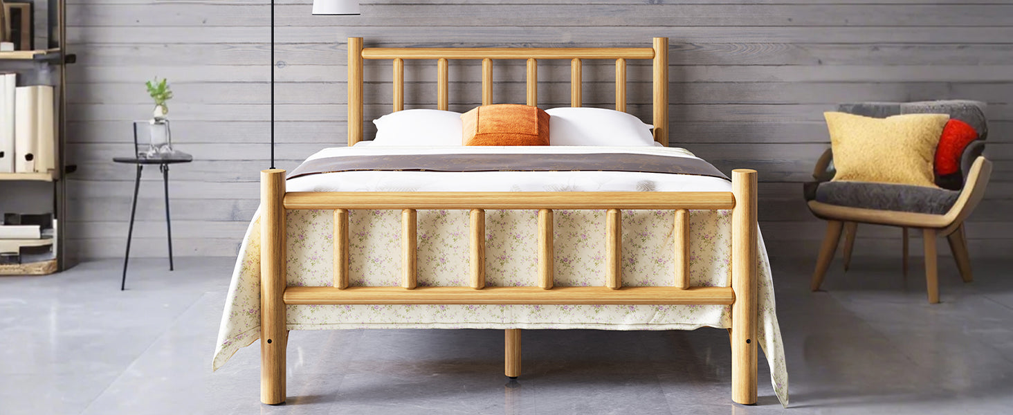 Farmhouse Log Bed Frame Queen Rustic Style Pure Solid Pine Cylinder Construction Bed Fits Mattresses And Box Springs, Natural Finish Queen Natural Pine