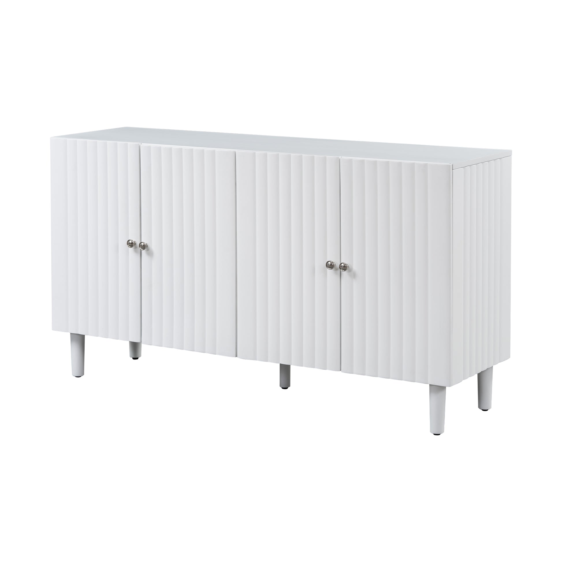 Elegant Four Door Sideboard With Wavy Pattern Doors, Cylindrical Legs, And Sleek Metal Handles, Adjustable, Suitable For Study, Entryway And Living Room White Primary Living Space American Design