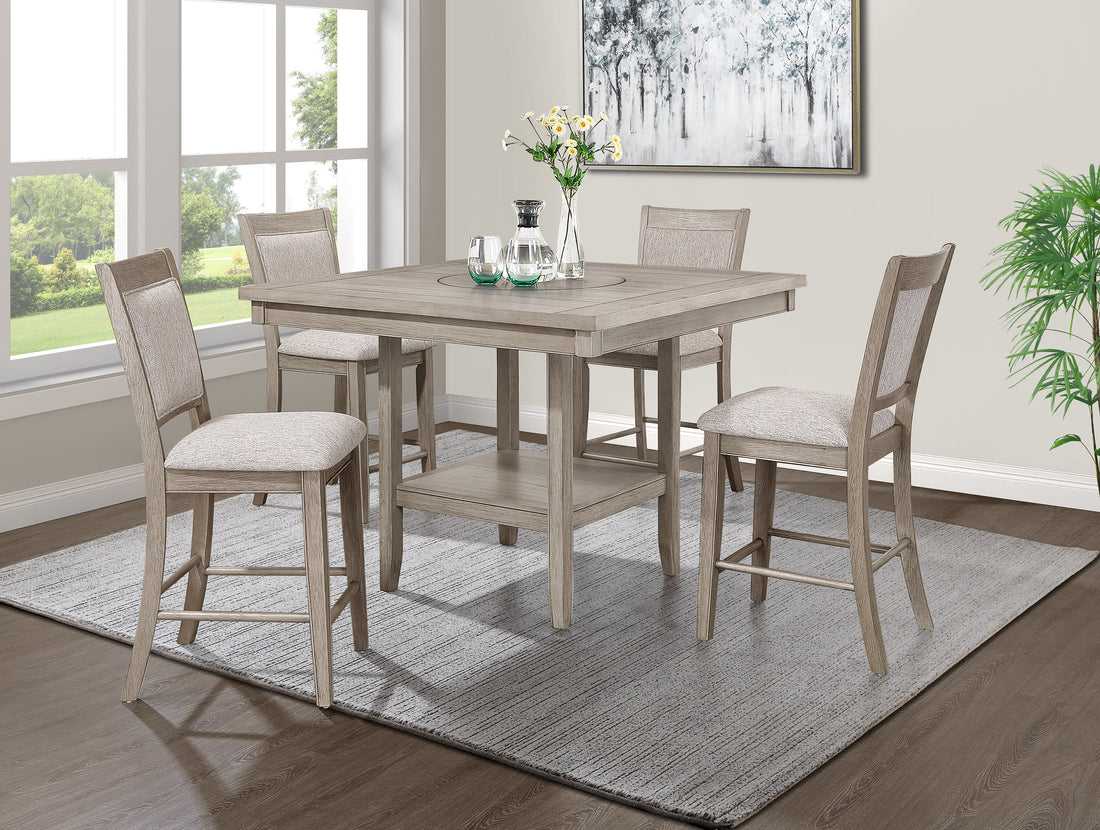 5Pc Dining Set Contemporary Farmhouse Style Counter Height W 20 Inch Lazy Susan All Gray Finish Upholstered Chairs Wooden Wood Veneers Solid Wood Dining Room Furniture Upholstered Chair Wood Antique