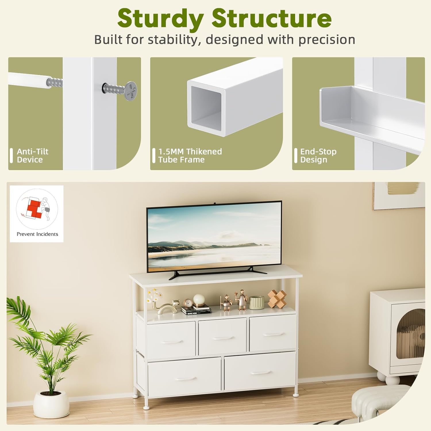 Tv Stand Dresser For Bedroom Entertainment Center With 5 Fabric Drawers, Storage Organizers Units For Living Room, Media Console Table With Open Shelf Up For 45" Tv, White, Wood Top White Wood