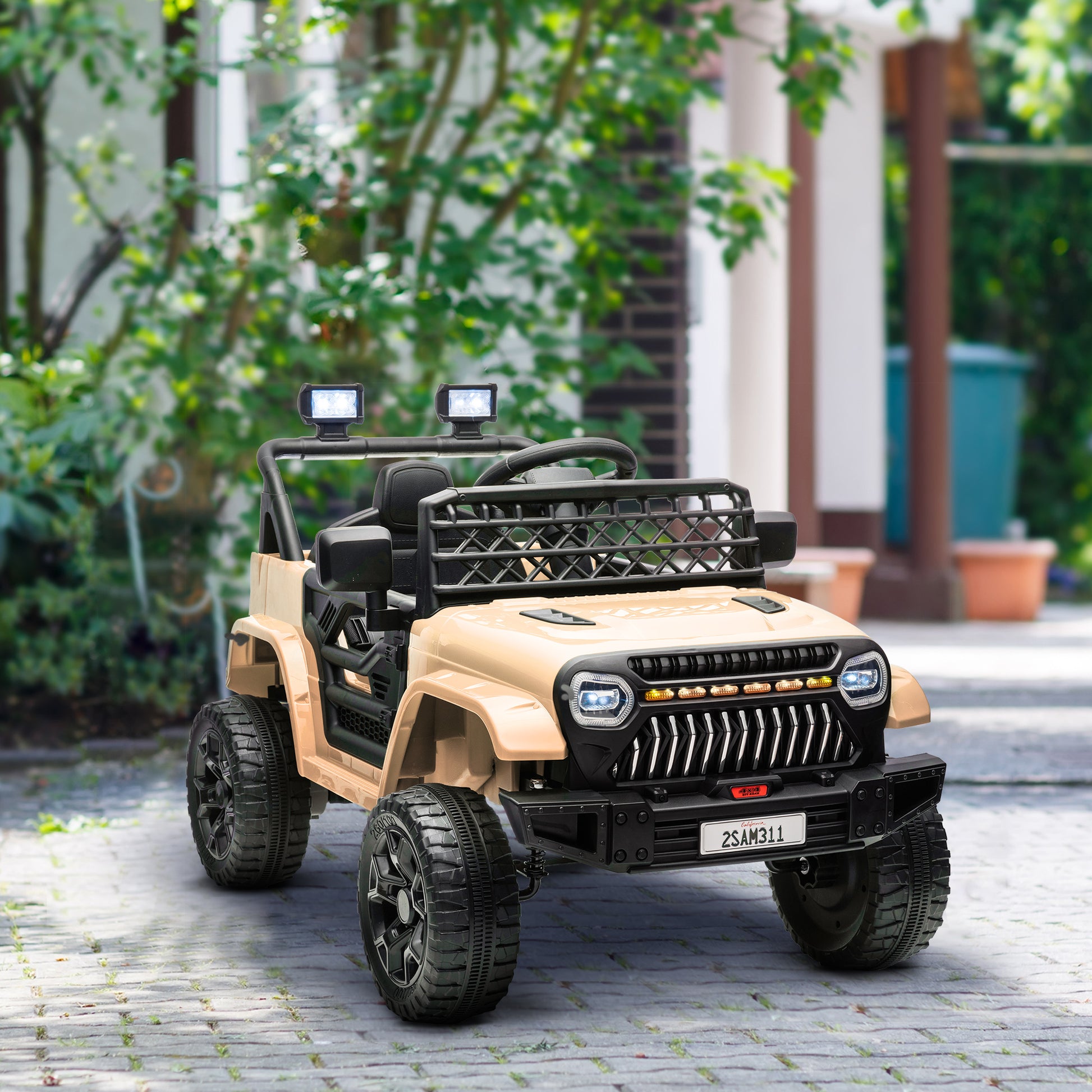 Qaba 12V Ride On Truck, Battery Powered Kids Electric Car Utv With 4 Suspension Wheels, Remote Control, 3 Speeds, Led Headlights, Horn, Usb Music, Khaki Khaki Plastic