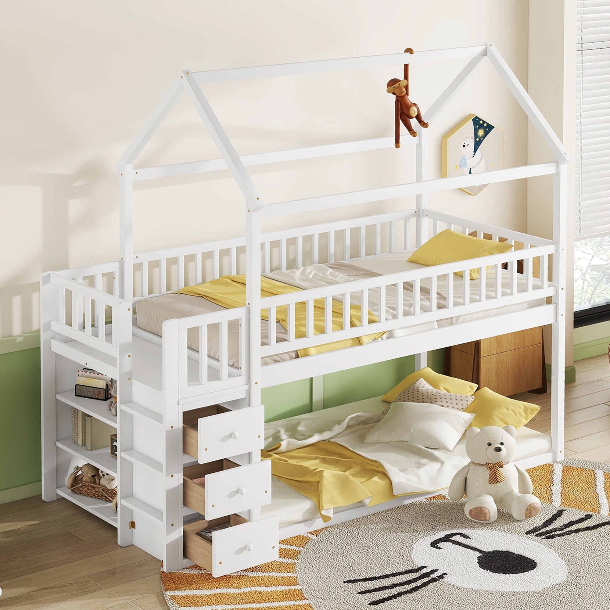 Twin Twin House Bunk Bed With Shelves And Drawers For White Color Box Spring Not Required Twin White Bedroom Bunk Pine