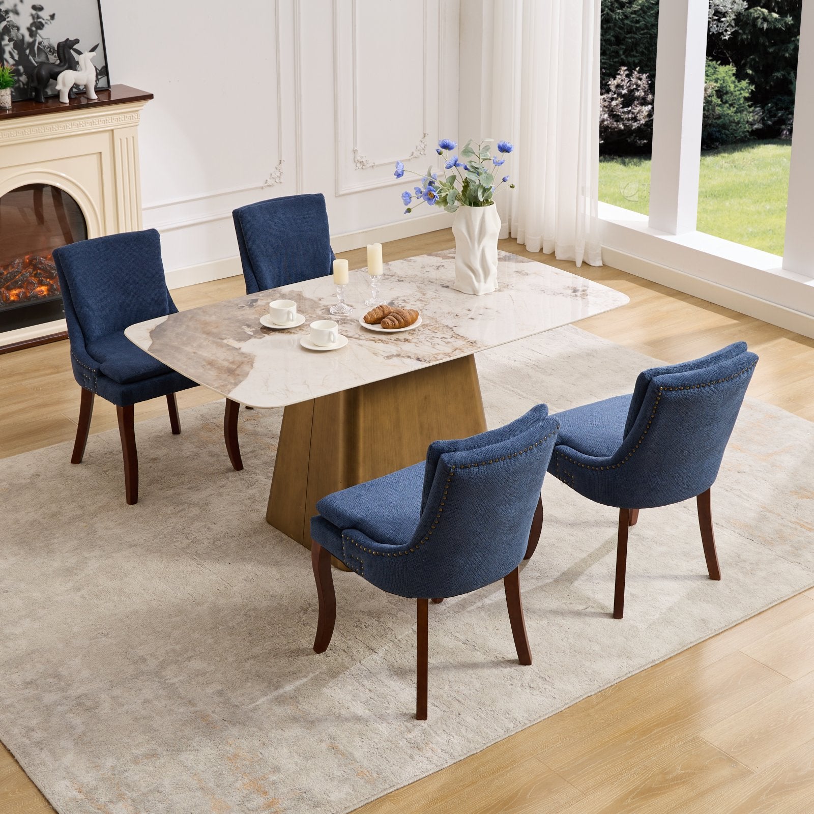 Modern Dining Chairs Set Of 2,Double Layer Cushioned Chenille Fabric Upholstered Accent Side Leisure Chairs With Mid Back And Curved Solid Wood Legs For Living Room Dining Room Blue Blue Dining Room American Design Dining Chairs Rubberwood Set Of 2 Foam