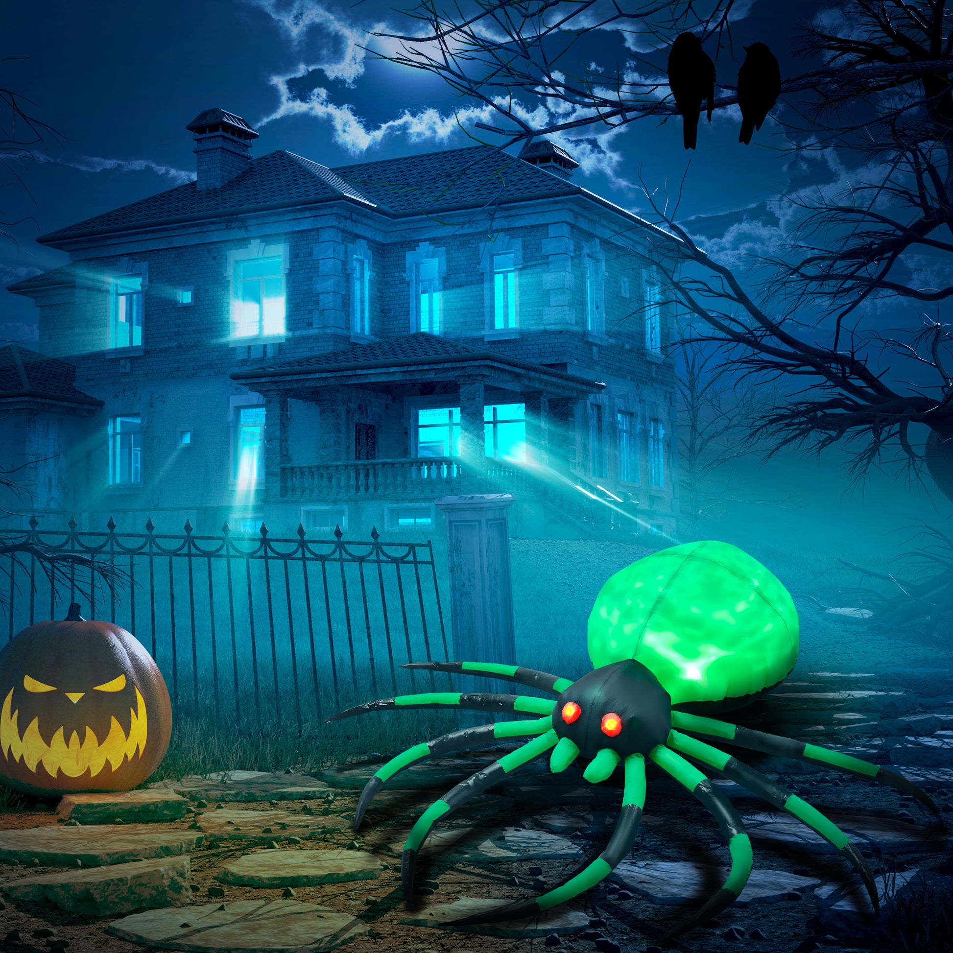 Homcom 6' Halloween Inflatable Outdoor Decoration Spider, Blow Up Led Yard Decor For Garden, Lawn, Party, Holiday, Waterproof Green Polyester