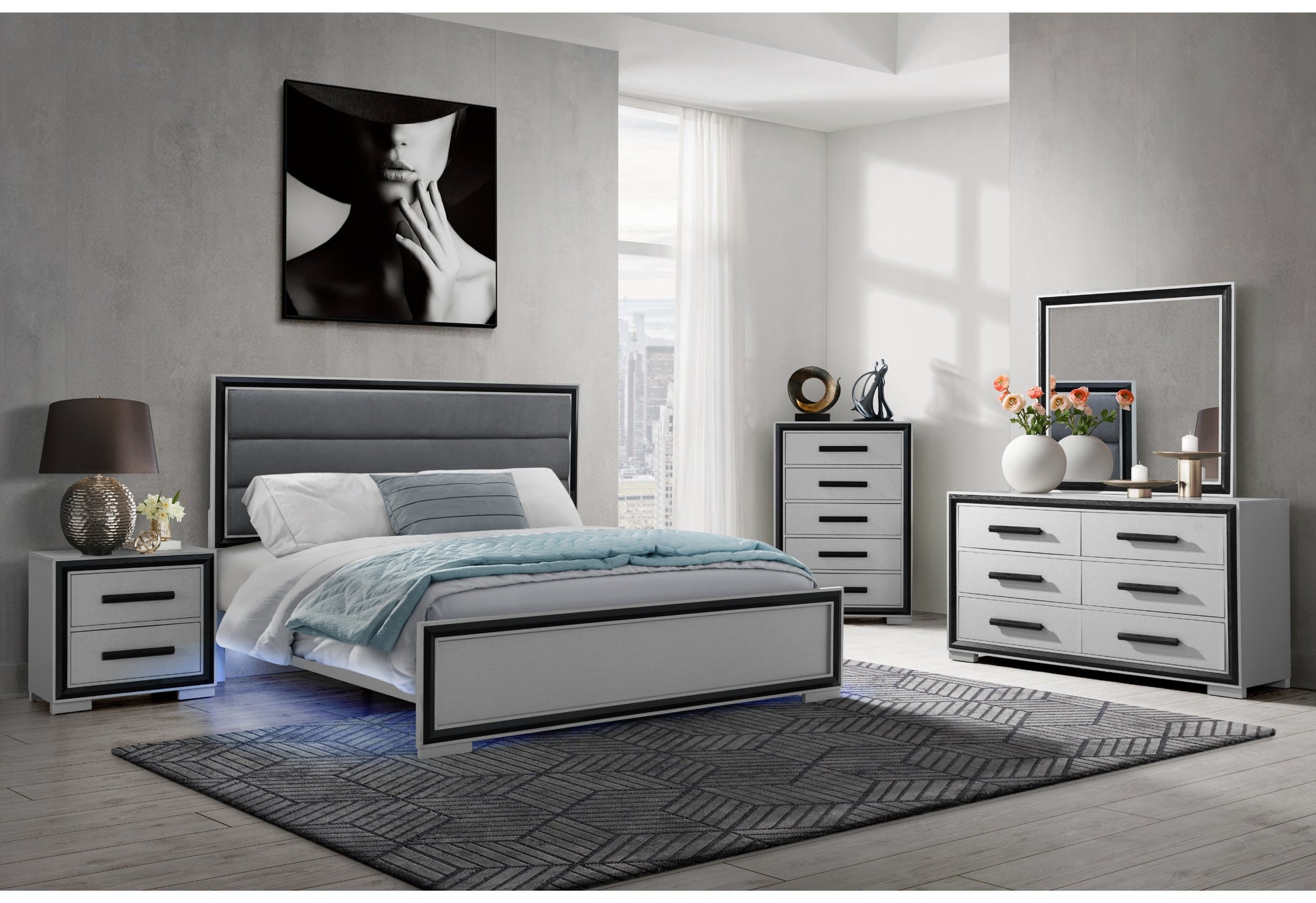 Adelaide Grey Black King Bed W Led Black Solid Wood Mdf