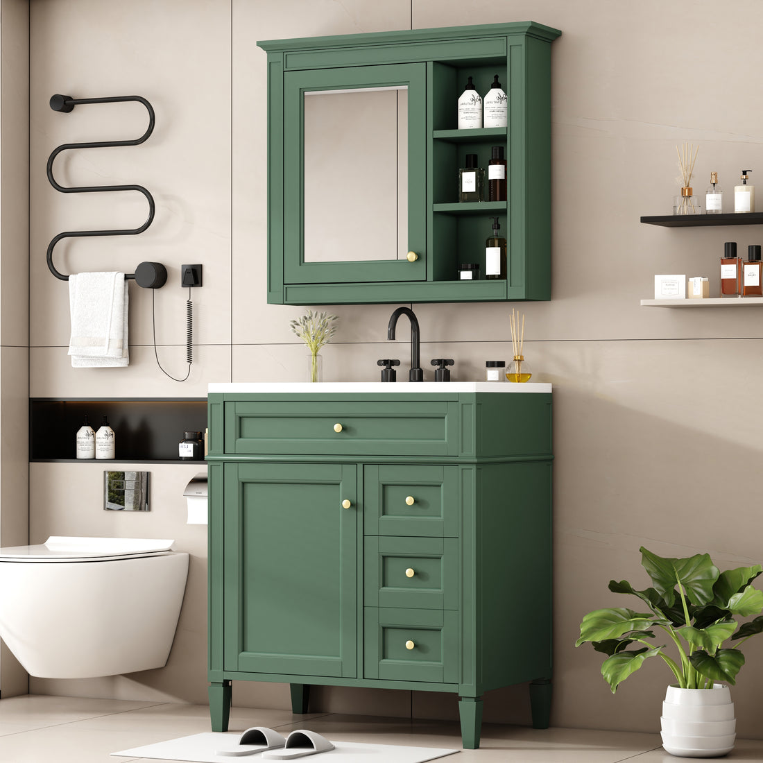 30'' Bathroom Vanity With Top Sink, Modern Bathroom Storage Cabinet With 2 Drawers And A Tip Out Drawer, Freestanding Vanity Set With Mirror Cabinet, Single Sink Bathroom Vanity 3 Green 2 4 Adjustable Hinges Bathroom Freestanding Solid Wood Mdf Resin