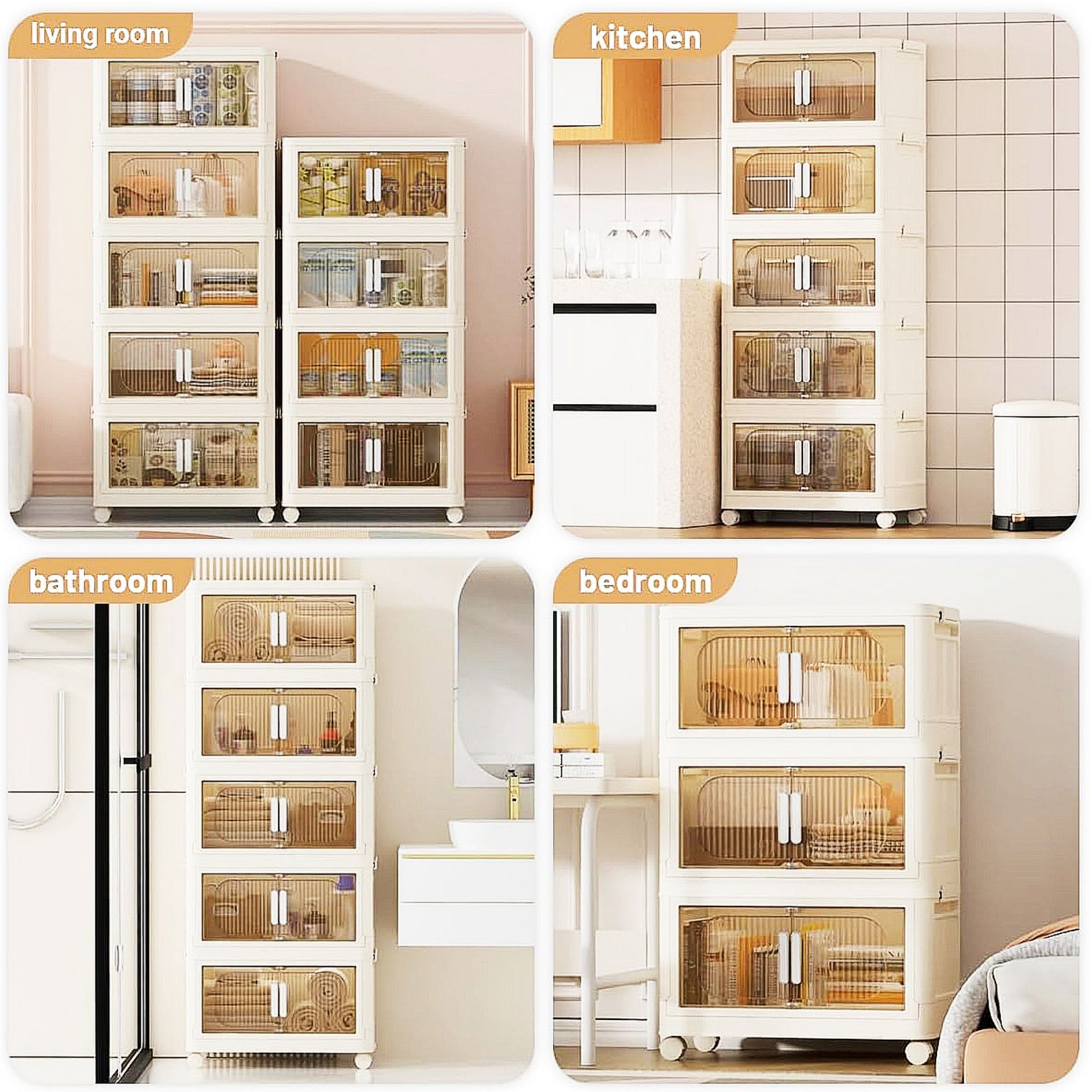 19.69" Side Wide Folding Storage Cabinet ,5 Tiers,19.69" 11.81" 50.00",Collapsible Storage Bins With Magnetic Door, Plastic Storage Cabinet With Wheels, Closet Organizers And Storage Containers Cream White Plastic