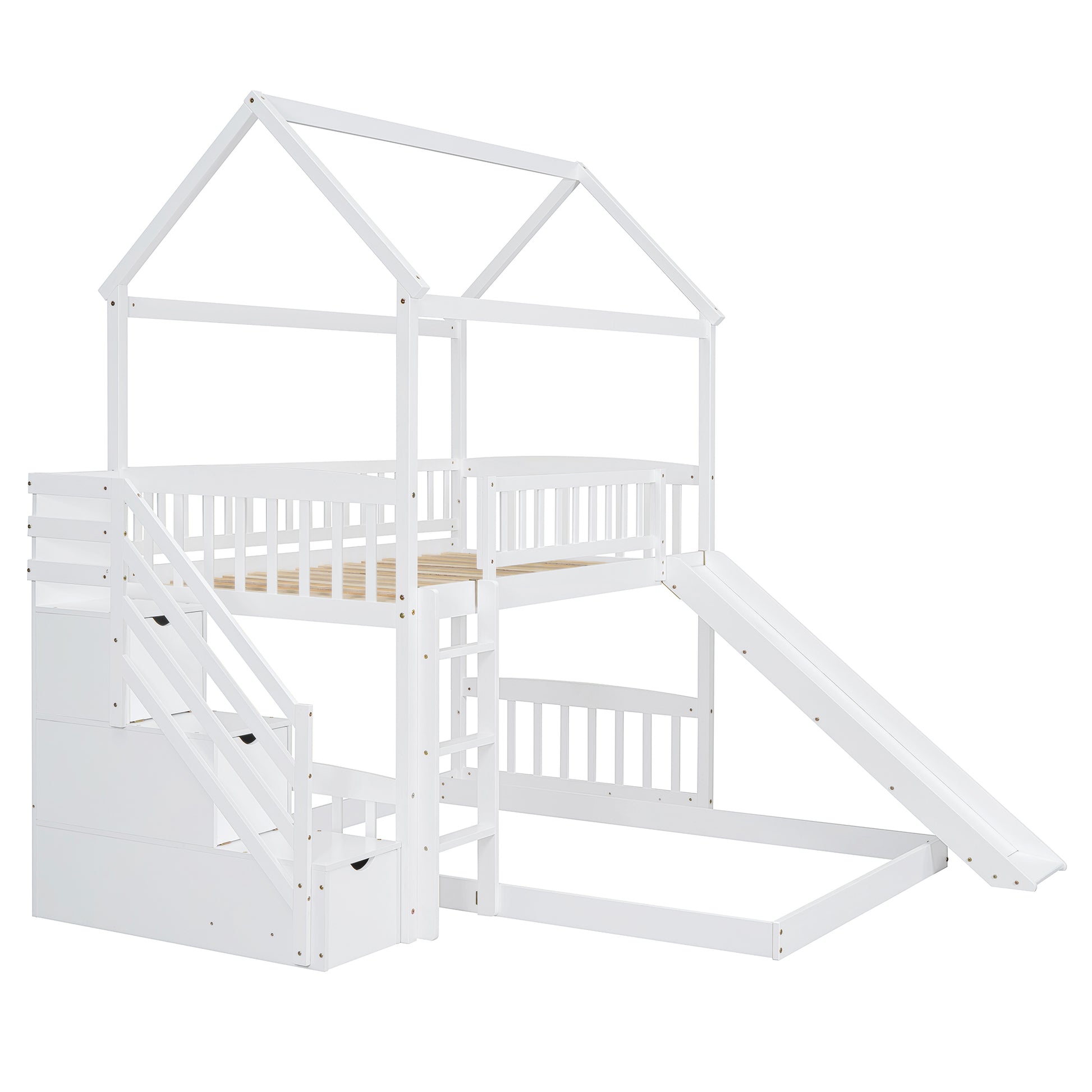 Twin Over Twin Bunk Bed With Two Drawers And Slide, House Bed With Slide, White Old Sku :Lt000129Aak White Pine