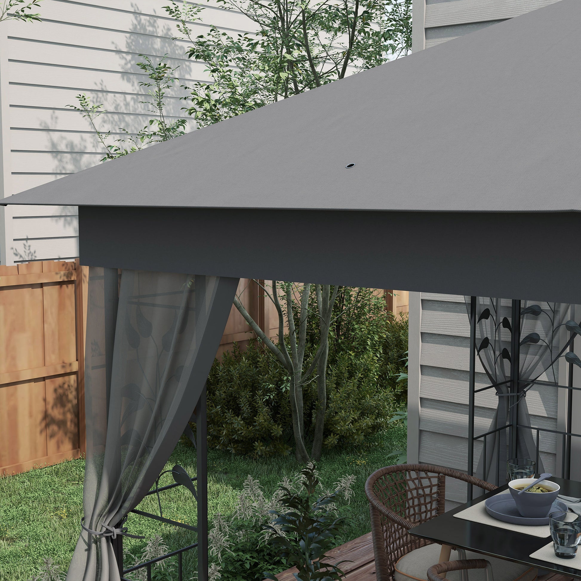 Outsunny 10' X 11.5' Metal Patio Gazebo, Double Roof Outdoor Gazebo Canopy Shelter With Tree Motifs Corner Frame And Netting, For Garden, Lawn, Backyard, And Deck, Gray Gray Polyester