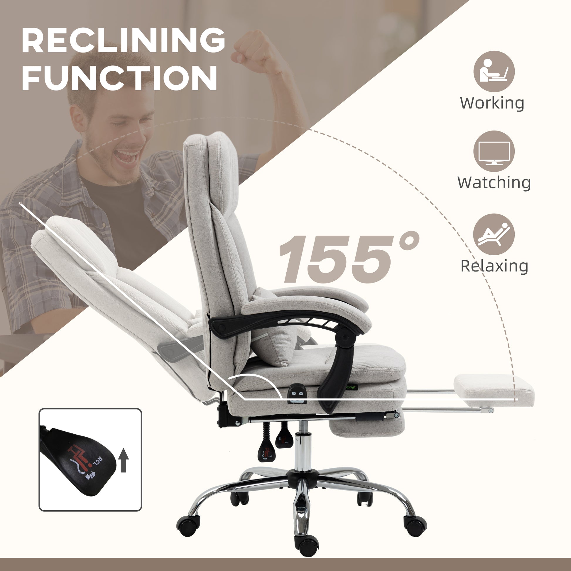 Vinsetto Microfibre Executive Massage Office Chair, Swivel Computer Desk Chair, Heated Reclining Computer Chair With Lumbar Support Pillow, Light Gray Light Grey Polyester
