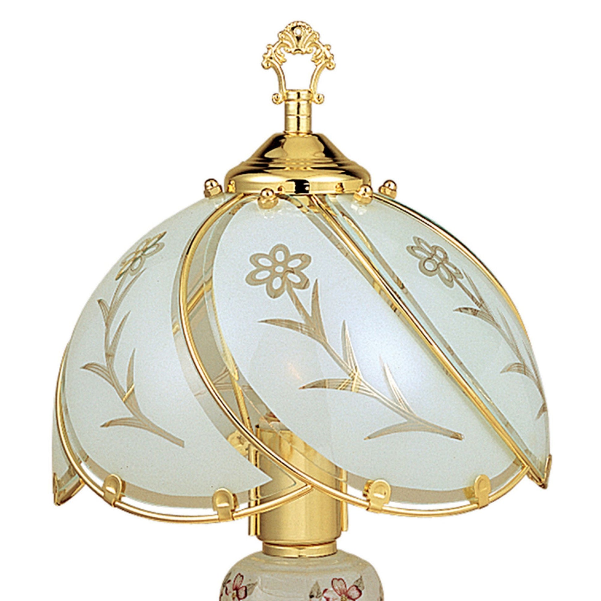 14.25" Tall Touch Table Lamp, Brushed Gold Finish, Floral Patterned Glass Shade Gold Metal