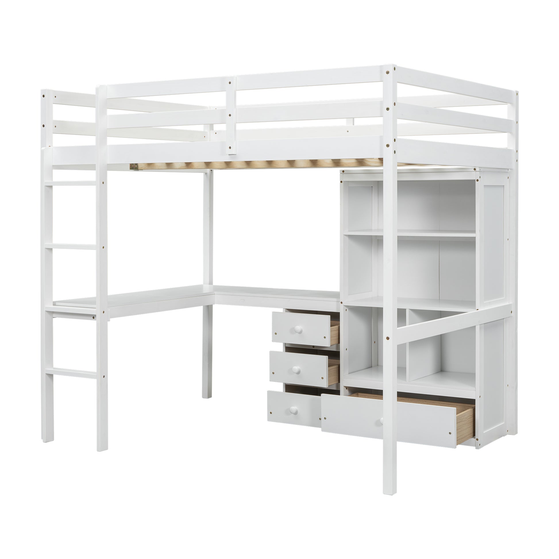 Full Size Loft Wood Bed With Desk, Storage Shelves And Drawers, Built In Ladder, High Loft Bed With Desk, Storage Shelves And Drawers,Guardrails,White Full White Pine