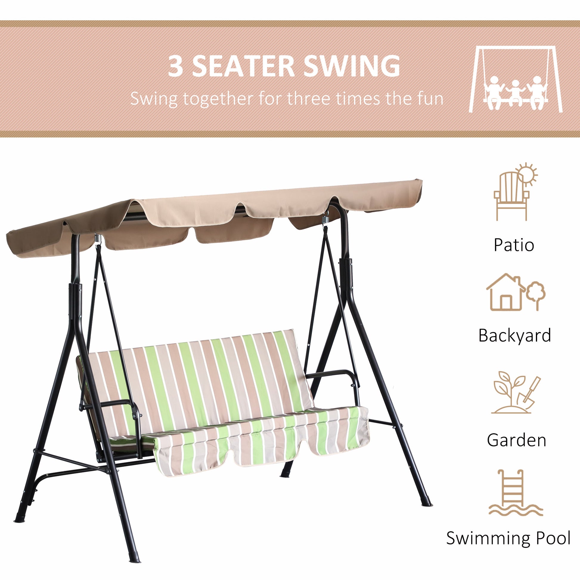 Outsunny 3 Seat Outdoor Patio Swing Chair With Removable Cushion, Steel Frame Stand And Adjustable Tilt Canopy For Patio, Garden, Poolside, Balcony, Backyard, Multi Color Multicolor Steel