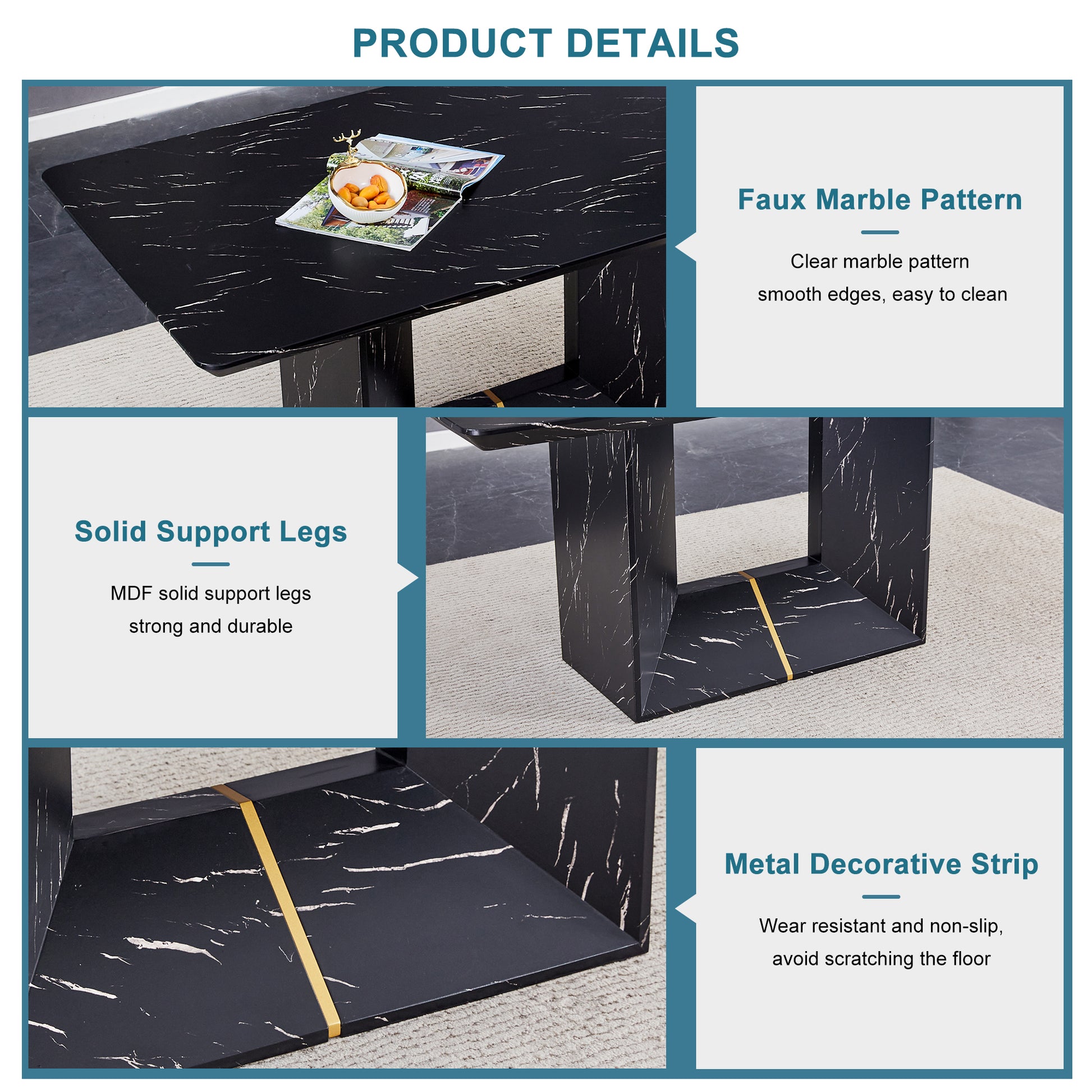 Table And Chair Set.This Modern Dining Table With Mdf Marbled Design Gives You A Luxurious And Elegant Feel.Paired With Multiple Chairs With Pu Artificial Leather Backrest Cushions And Black Legs. Black Seats 4 Mdf