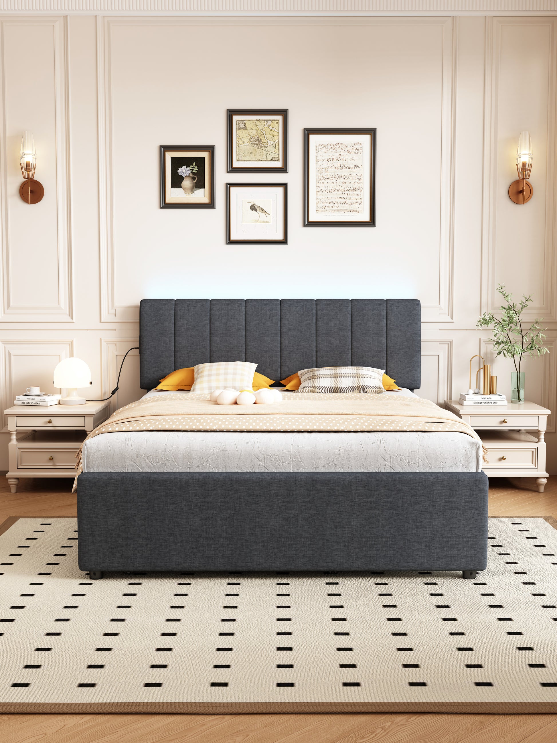 Full Size Upholstered Platform Bed With Twin Size Trundle And 1 Sets Of Usbwith Remote Control Intelligence Led Lights With App,Linen Fabric, Dark Grey Full Dark Gray Composite Linen Fabric