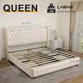 Queen Size Bed Frame With 4 Drawers, Star Projector Galaxy Light, Wingback Upholstered Headboard With Diamond Button, Usb Charger And Music Speaker, Pu Leather Cream Mdf Metal