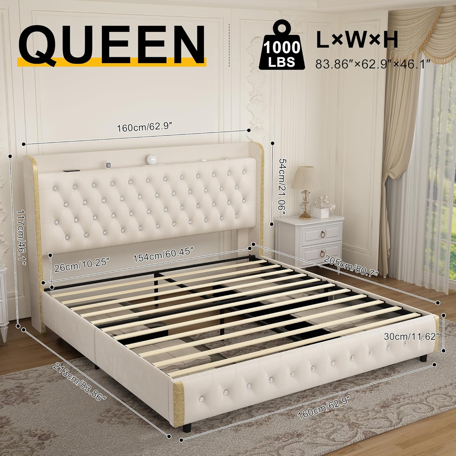 Queen Size Bed Frame With 4 Drawers, Star Projector Galaxy Light, Wingback Upholstered Headboard With Diamond Button, Usb Charger And Music Speaker, Pu Leather Cream Mdf Metal