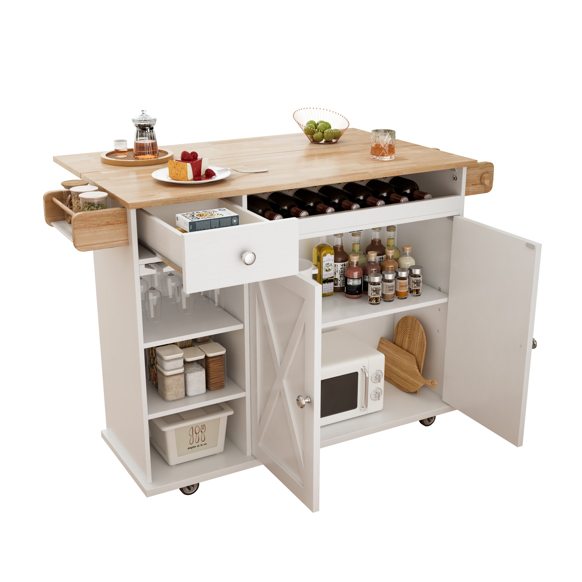 44 Inch Kitchen Island Cart With Solid Wood Top, Wine Storage, Spice Rack, Towel Rack, Wine Glass Holder, Rolling Kitchen Island Table On Wheels, Tool Free Installation, White & Oak White Solid Wood Mdf