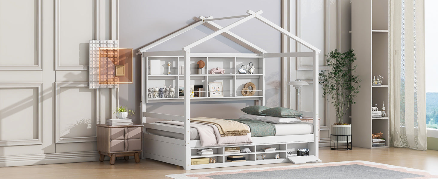 Full House Bed With Roof Frame, Bedside Shelves, Under Bed Storage Unit,White Full White American Design Pine